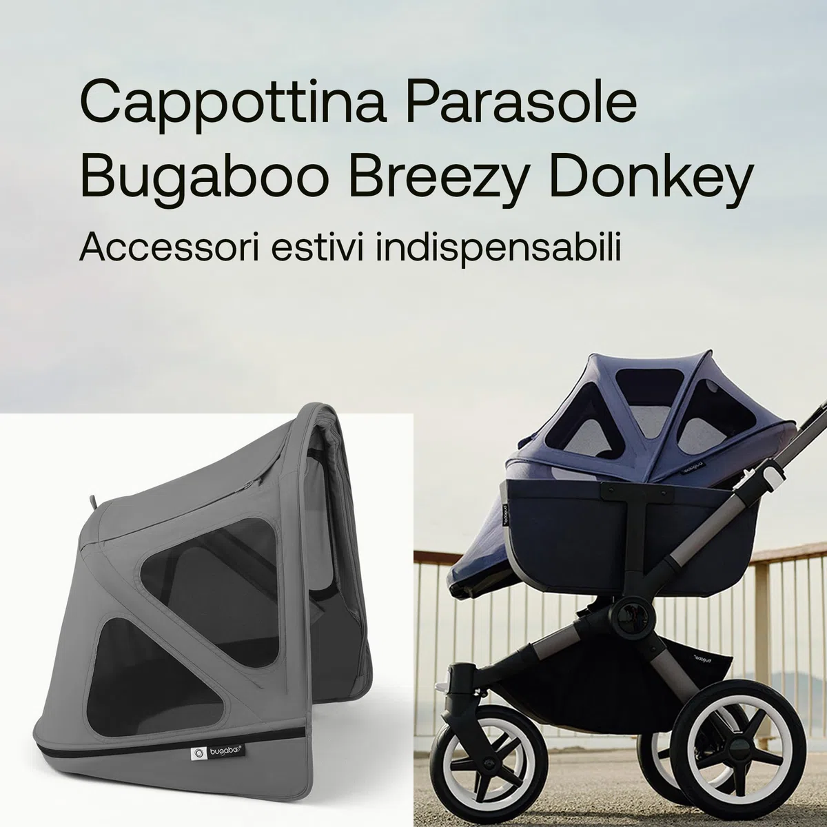 Bugaboo Donkey Cappottina Breezy, Estensibile per una maggiore copertura e una Protezione Solare ottimale, Resistente all'Acqua, Compatibile Con Tutti i Passeggini Donkey, Moon Grey