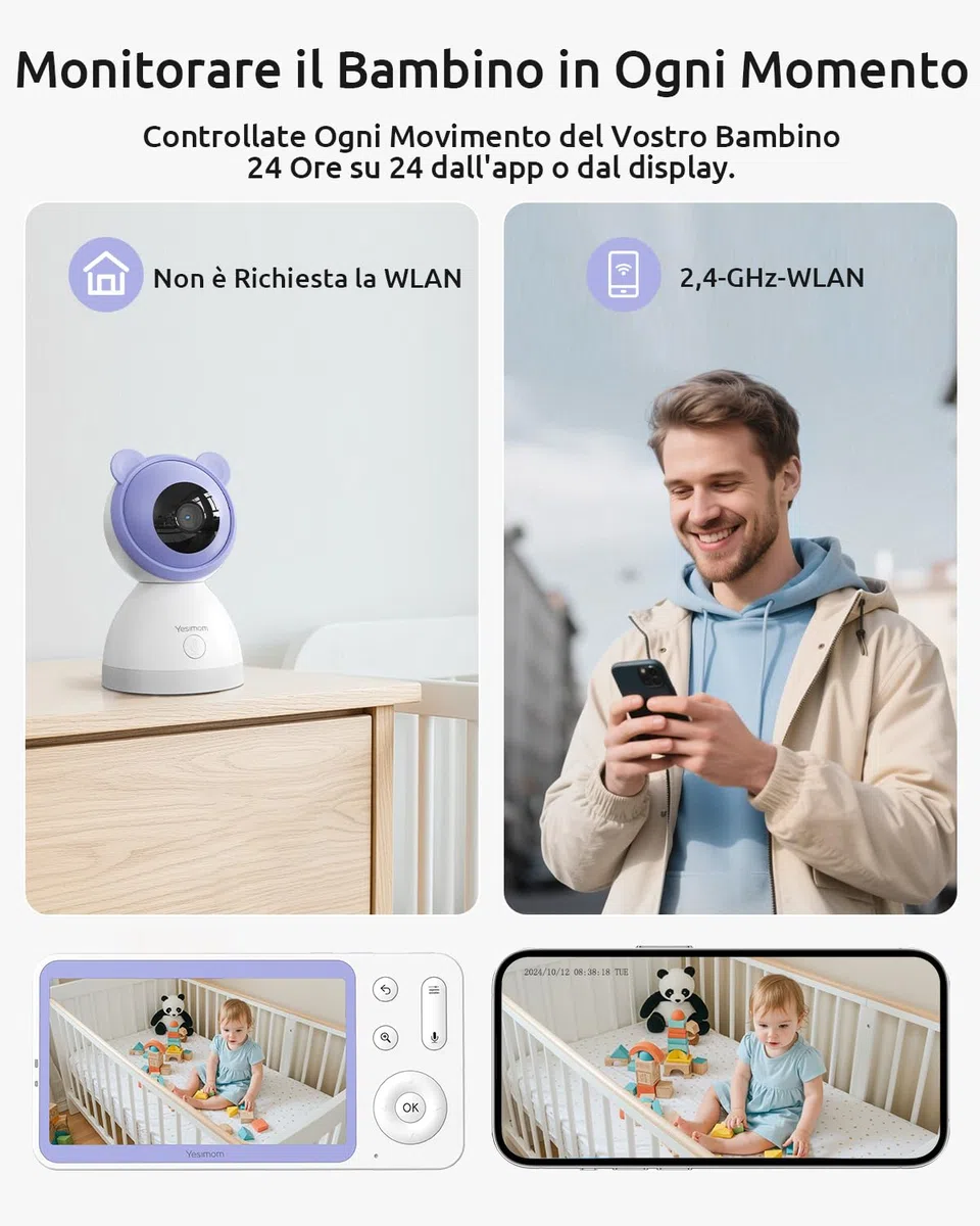 Baby Monitor con Telecamera 2K e Monitor 5'', Doppio Controllo tramite Monitor e App, Connessione Senza WiFi fino a 300m, WiFi 2.4G, Visione Notturna a Colori, IR Invisibile 940nm, Cloud/SD