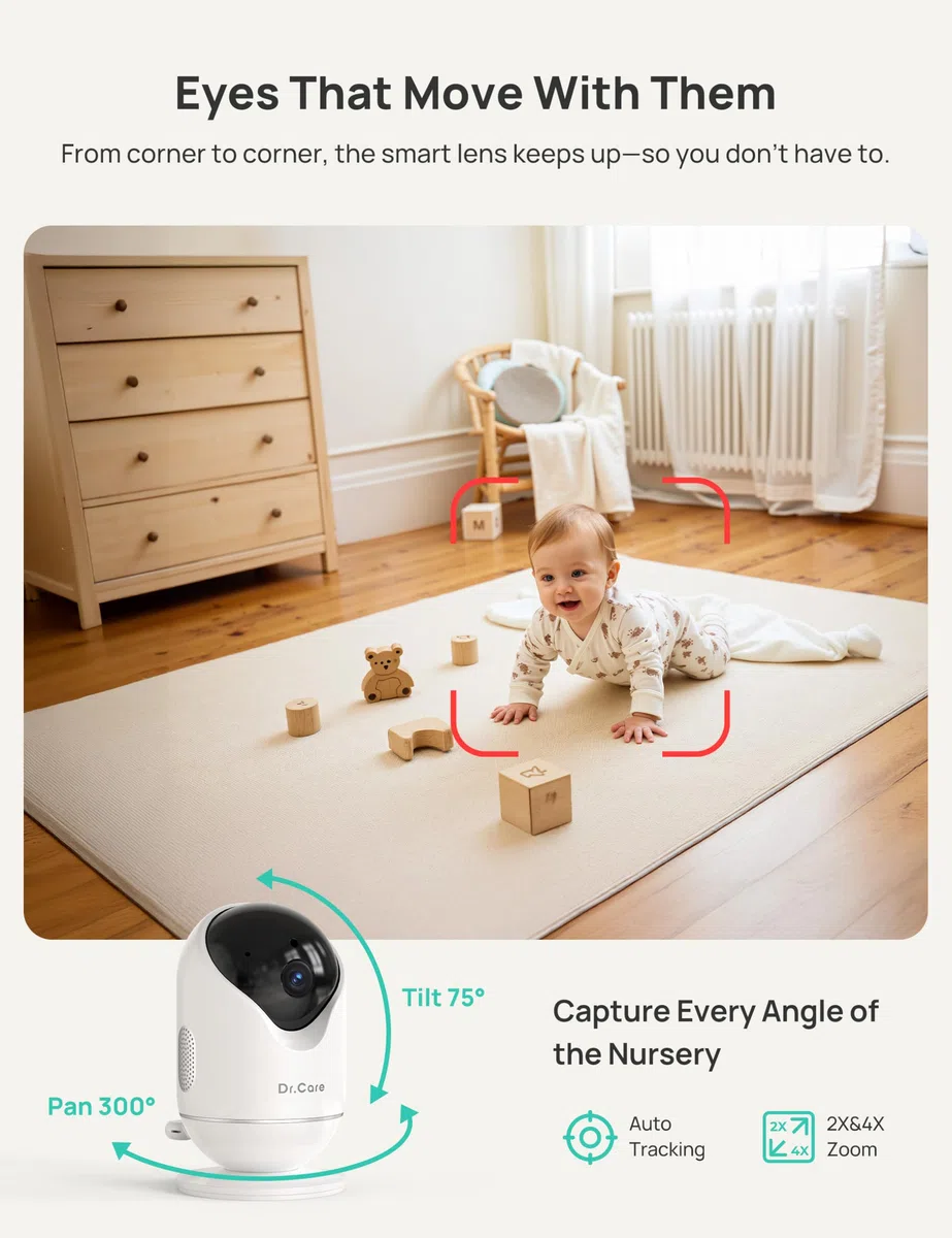 Dr.Care VistaView Baby Monitor WiFi 5” 1080P Schermo Diviso & 2 Telecamere 2K, Visione Notturna HD, Allarmi Pianto e Movimento, Audio Bidirezionale, Batteria 5000mAh, Sicurezza Tripla, Portata 390m