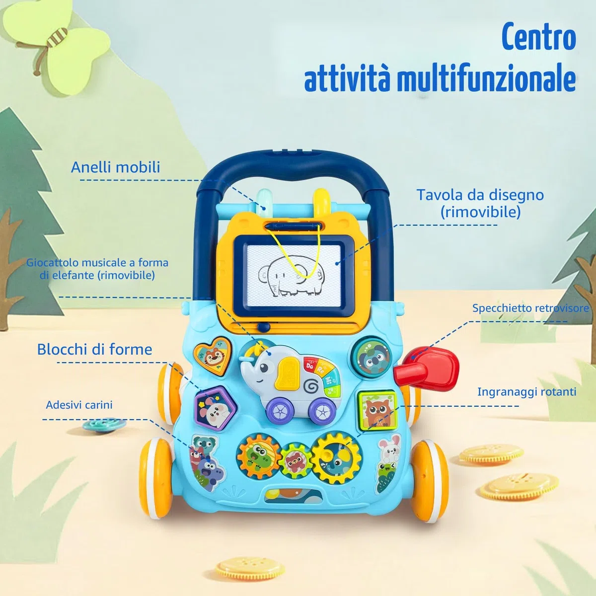 Camminatore per Bambini da Seduto a in Piedi, 2 In 1 Giocattolo a Spinta Bambini con Musica e Lavagna da Disegno, Centro di Attività Educativa Precoce Multifunzionale per Neonati 12M+ (Blu)