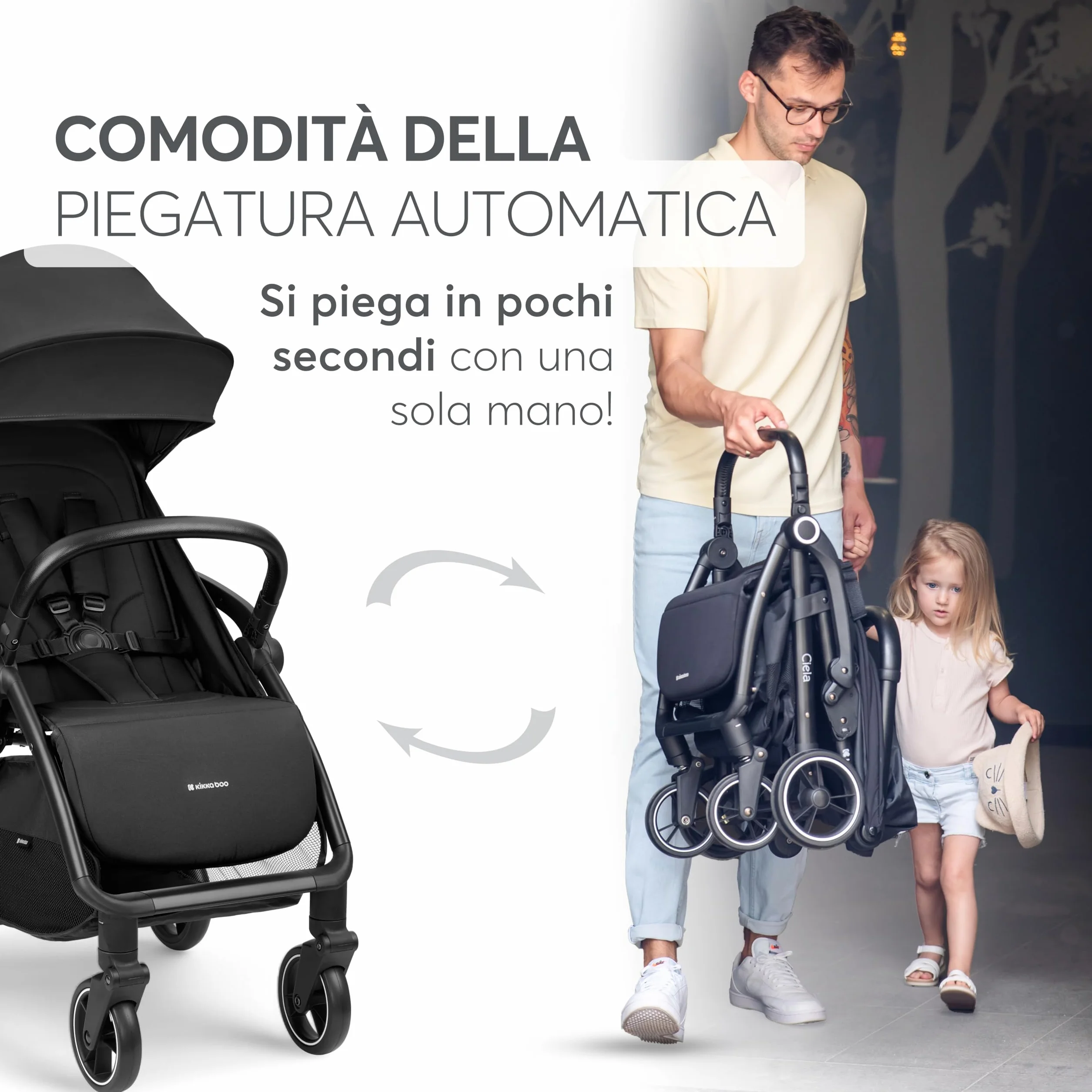 KikkaBoo Passeggino Leggero CIELA fino a 22 kg, Piegatura Automatica, Schienale Reclinabile, Nero