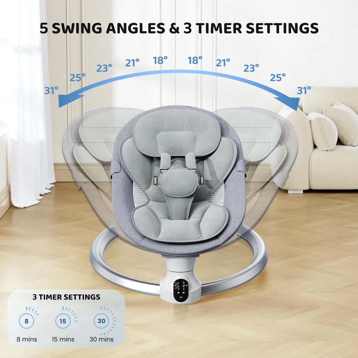 Operazione APP Sdraietta Neonati, Imbracatura a 5-Punti Migliorata Altalena Neonato Elettrica con 3 Timer, 5 Velocità di Altalena, Sdraietta Neonati Bluetooth Imbottita Morbida 0-9kg (Grigio)
