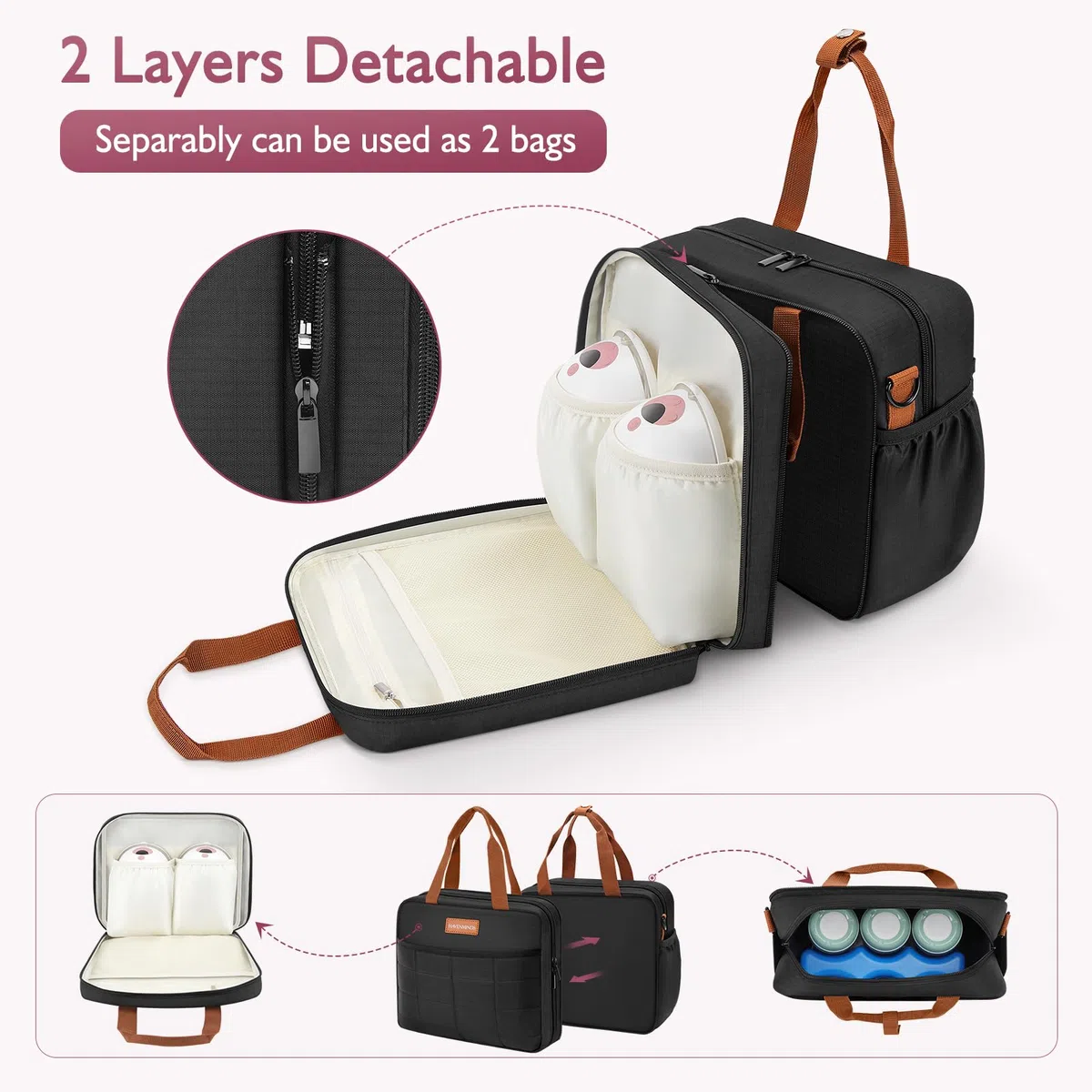 Borsa da viaggio rimovibile per latte materno con impacco di ghiaccio, borsa tiralatte a doppio strato, compatibile con tiralatte indossabile, borse portatili per il trasporto del latte materno con