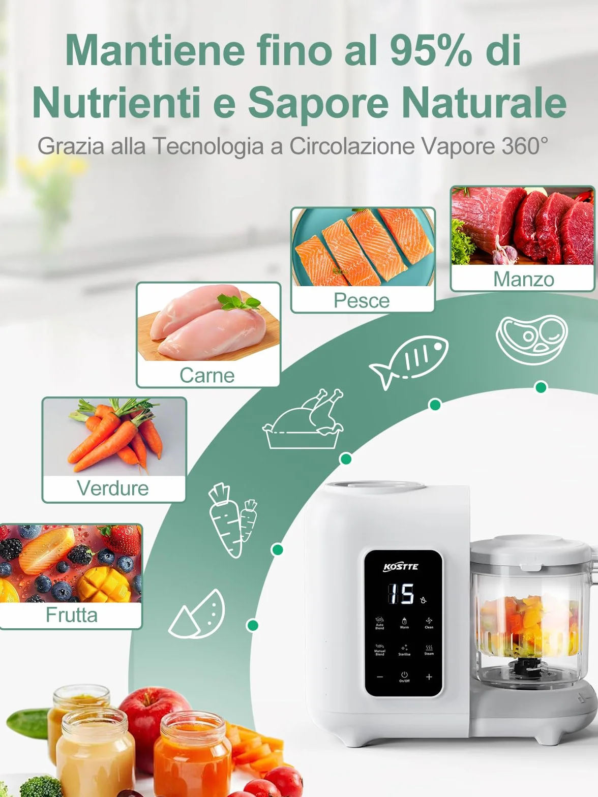 Omogeneizzatore per Neonati Robot da Cucina Multifunzione con Vapore 360°, Autopulizia, Scongelamento Rapido