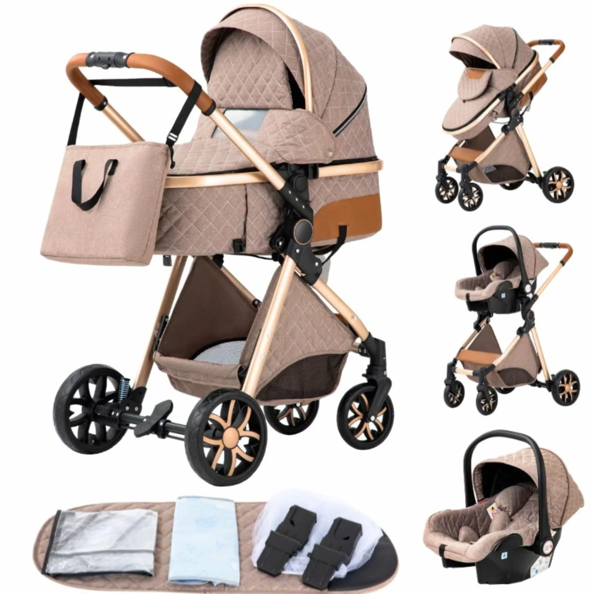 YAZOCO Passeggino Trio 3 in 1 Carrozzina Ovetto Pieghevole Set Viaggio Khaki
