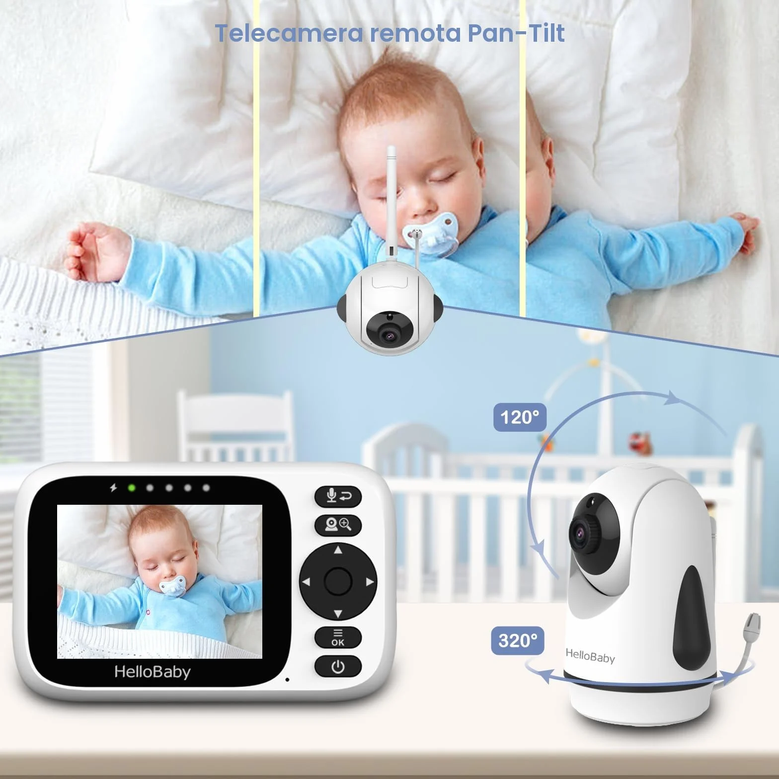 HelloBaby Baby Monitor 3.2" Telecamera Rotante 320° Visione Notturna ECO Rilevamento Temperatura Interfono Bidirezionale Ninna Nanna