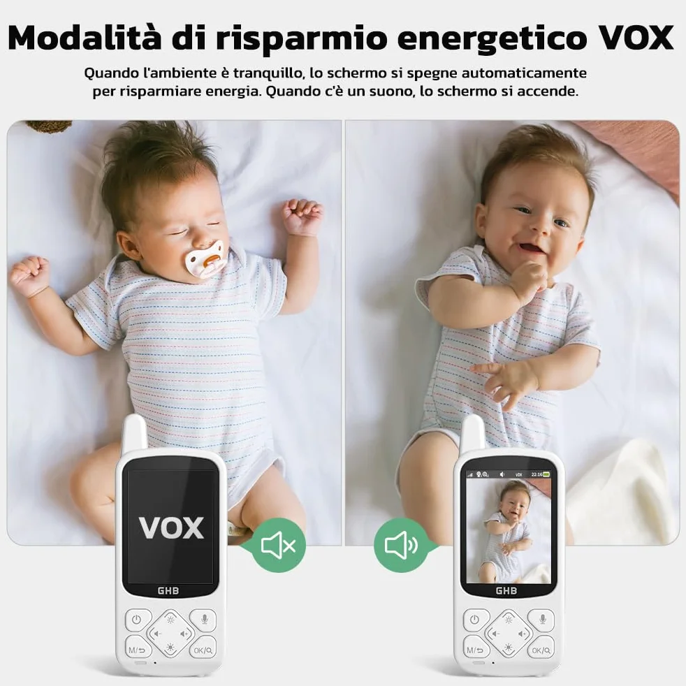 GHB Baby Monitor 2.8", 2000mAh Batteria, Schermo IPS HD Audio Bidirezionale, VOX Visione Notturna, Monitoraggio Temperatura, 8 Ninne Nanne