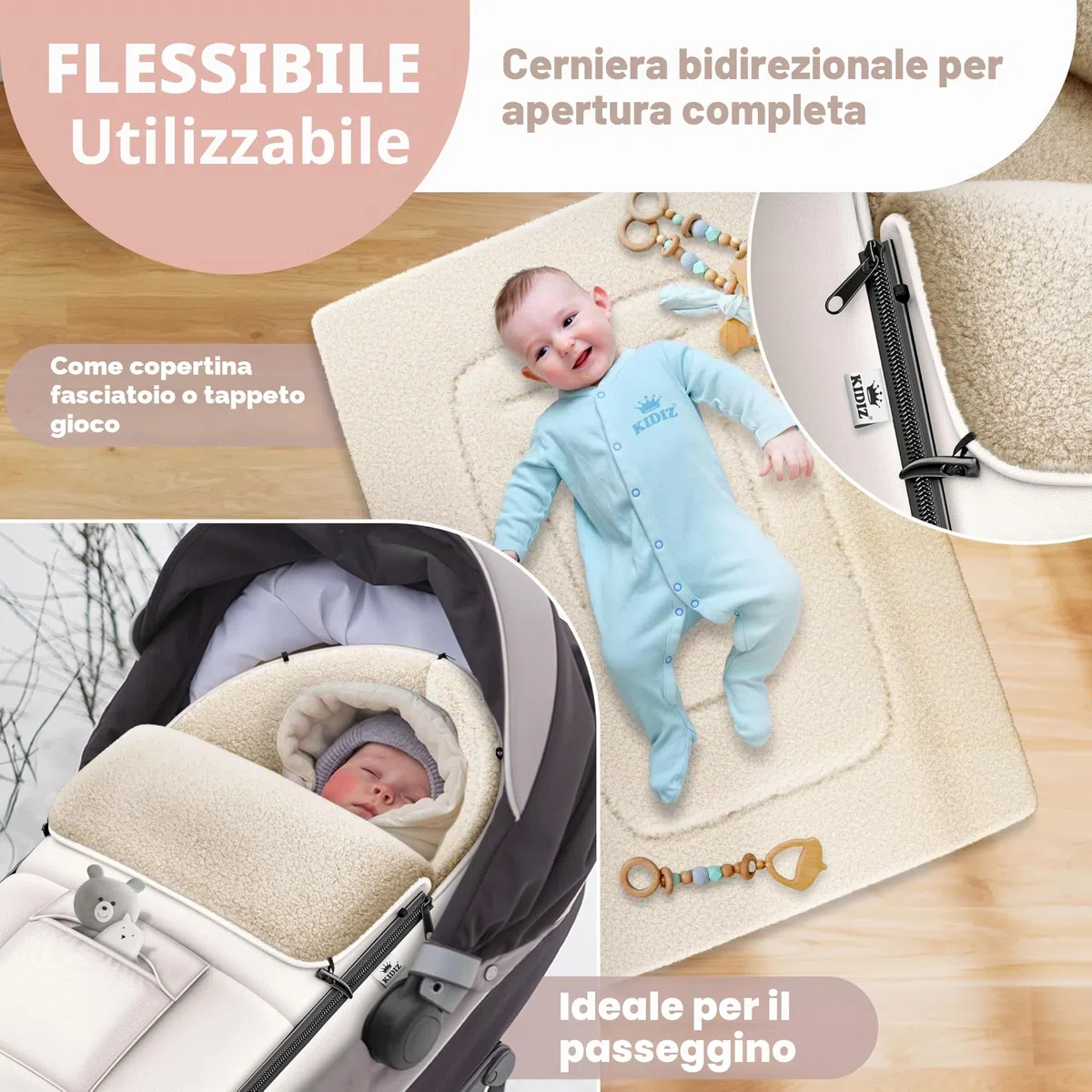 KIDIZ® copertina copertina per neonati copertina invernale ovetto con cerniera coperta per bambino lavabile per passeggino chiudibile sulla testiera, dotata di tasca, adatta a tutti i passeggini