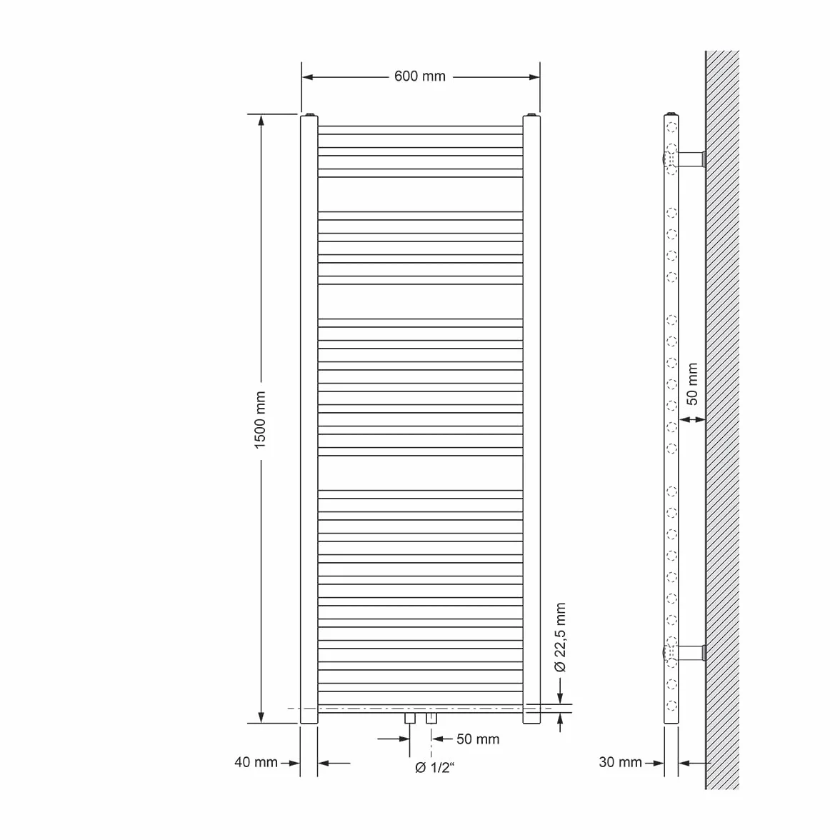 ECD Germany Radiatore Scaldasalviette Sahara - 600 x 1500 mm - Antracite Dritto con Attacco Centrale Radiatore Scaldasalviette Asciugabiancheria 600x1500 mm Dritto con Attacco centrale non elettrico