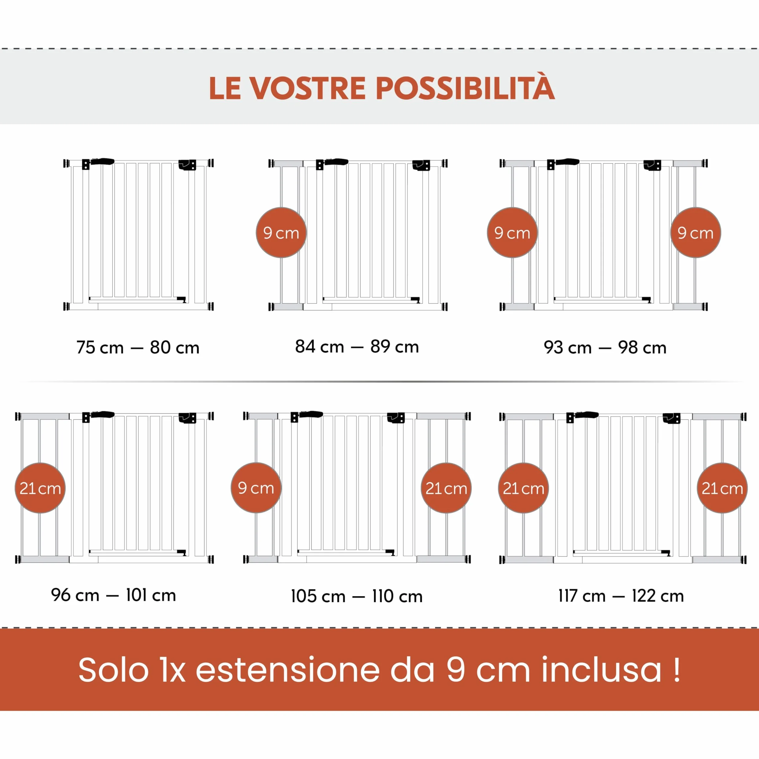 Hauck Open N Stop 2 Estensione 9 cm Bianco Cancelletto Bambini Cani Larghezza Regolabile 84-89 cm Alto 77 cm Apribile una Mano Entrambe Direzioni Interno