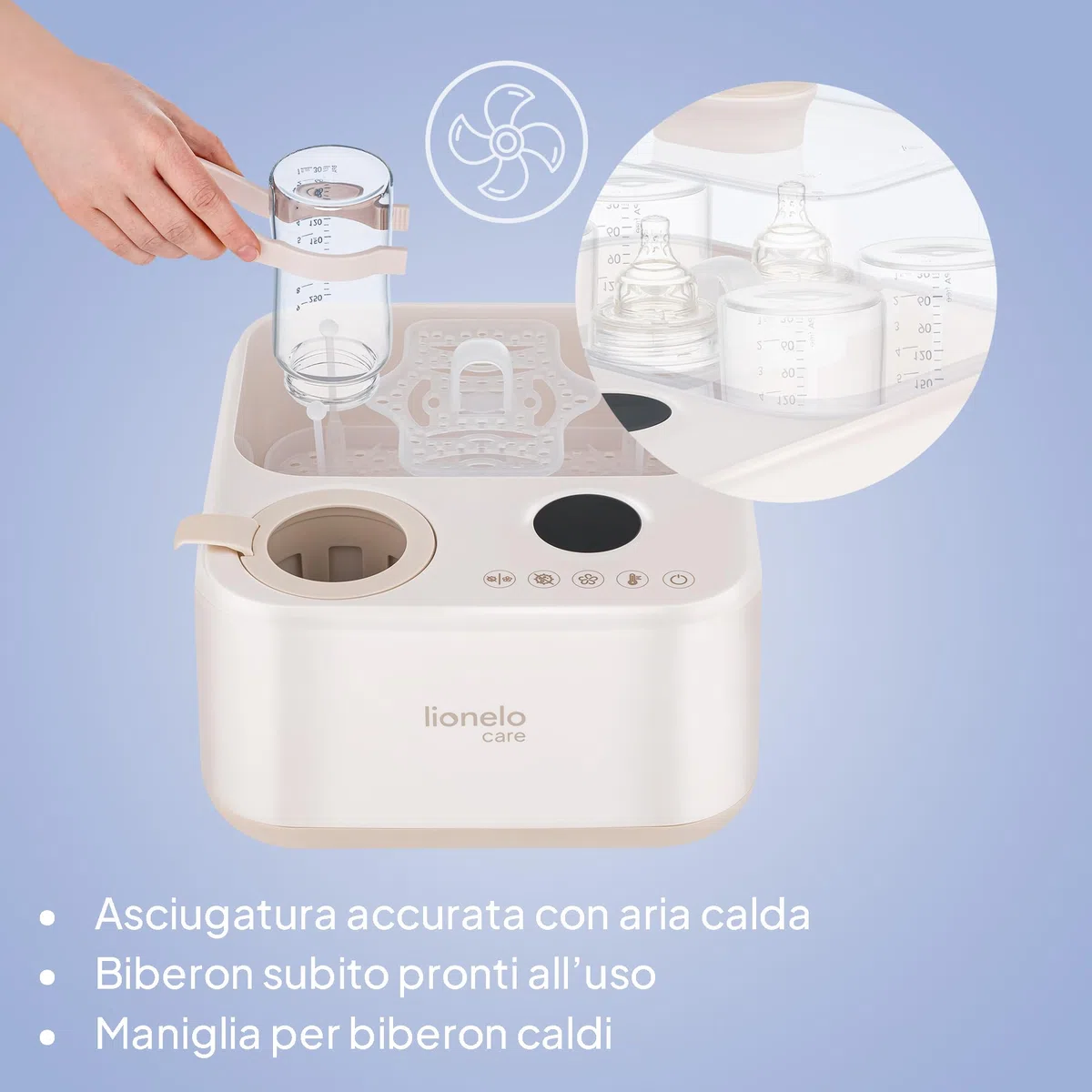 Lionelo STEAMUP Sterilizzatore Biberon 3 in 1 Elettrico, Sterilizzatore a Vapore con Asciugatura Automatica e Scaldabiberon, 99,99% Batteri, Pannello Touch, Auto Spegnimento, BPA Free, per 4 Biberon