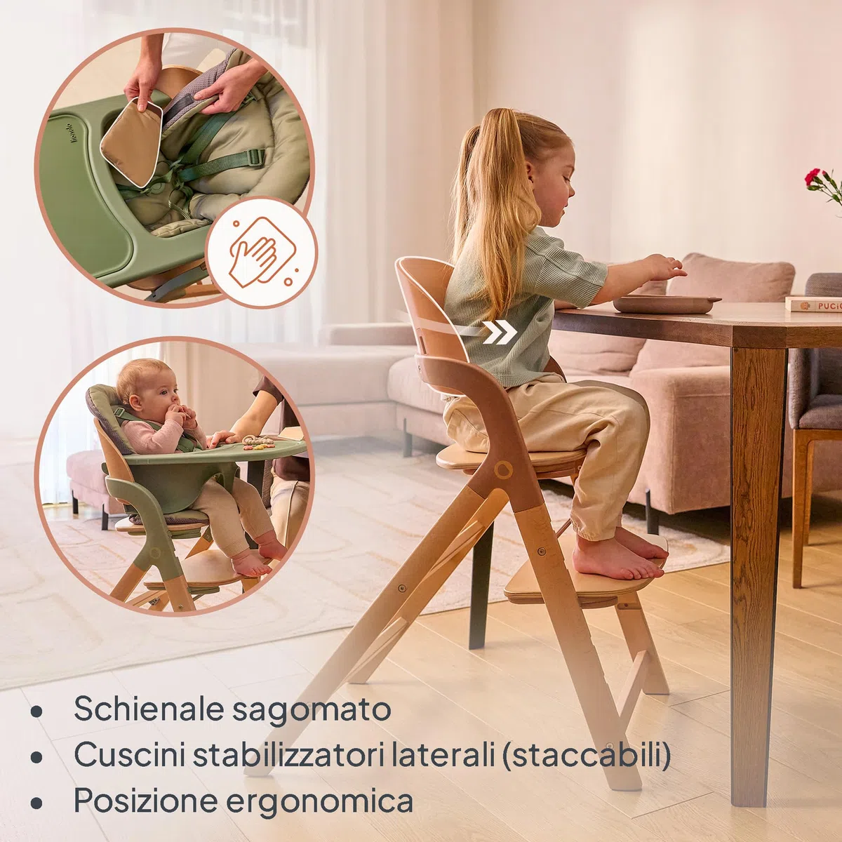 LIONELO Seggiolone Pappa in Legno Megan, Cresce con il Bambino da 6 Mesi a 110 kg, Poggiapiedi regolabile, Cinture di sicurezza a 5 punti, Cuscino per Seduta, Pulizia facile (Legno Bianco)