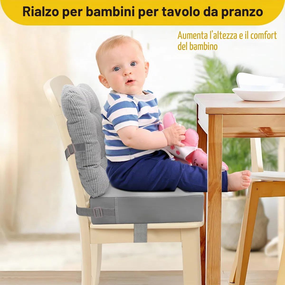 Rialzo Cuscino per Bambini 2 Pezzi, Rialzo da Sedia per Bambini per Sedia Seggiolino Regolabile Lavabile Smontabile con Cinghie Regolabili per Sedia da Pranzo (Grey)