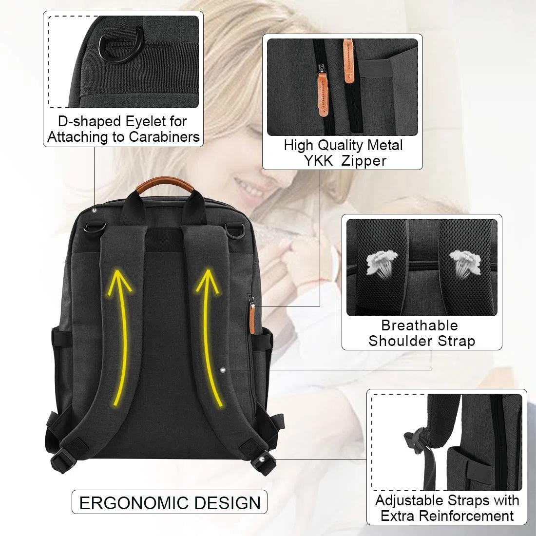 NEWHEY Zaino per pannolini per bambini, impermeabile, grande capacità, borsa da viaggio, multifunzione, zaino con 2 cinghie per passeggino per mamma papà