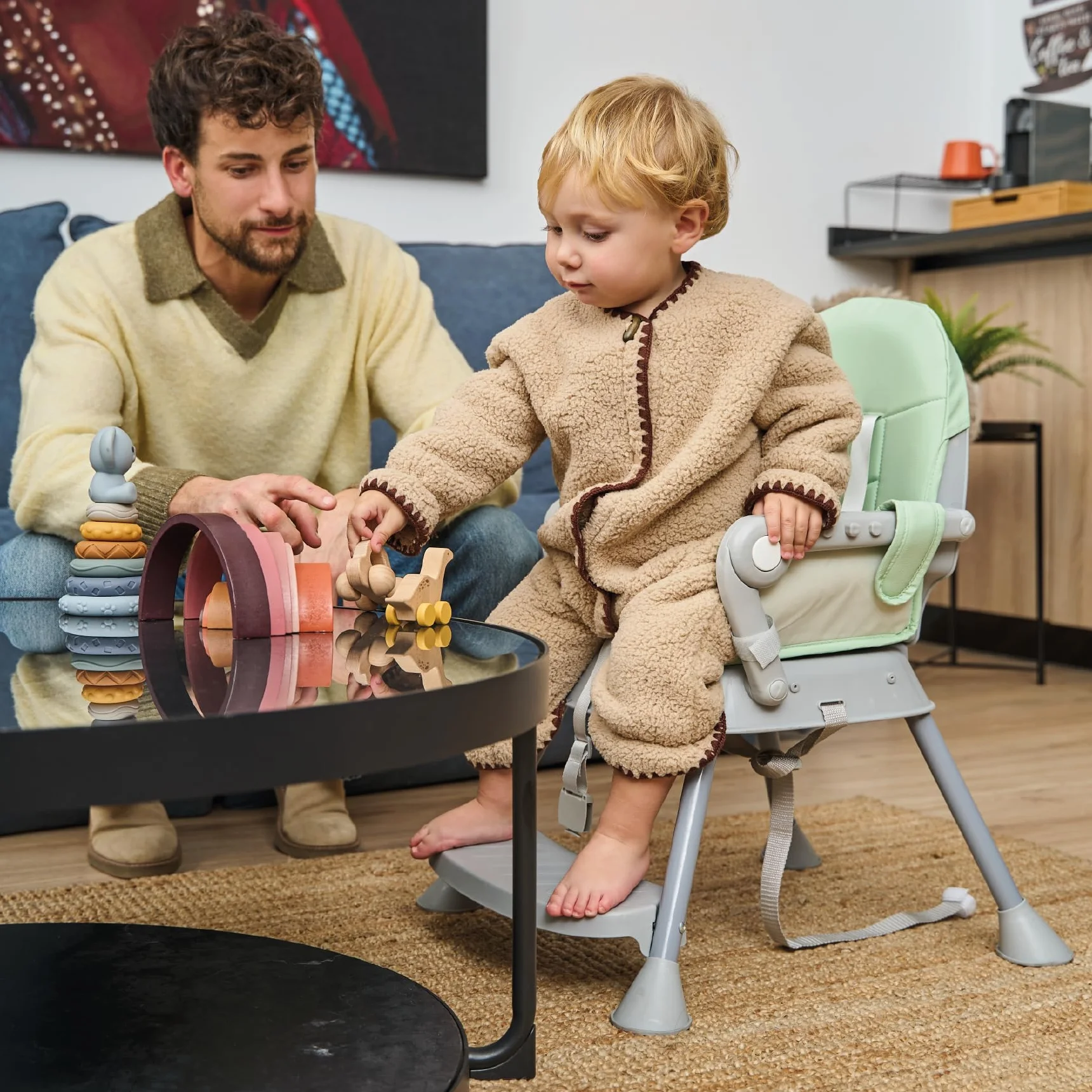 Seggiolone pappa 3 in 1 BELLY e SPOON Convertibile in rialzo e in sedia Pieghevole con seduta imbottita Portatile stabile sicuro Gambe antiscivolo Spoon Vert