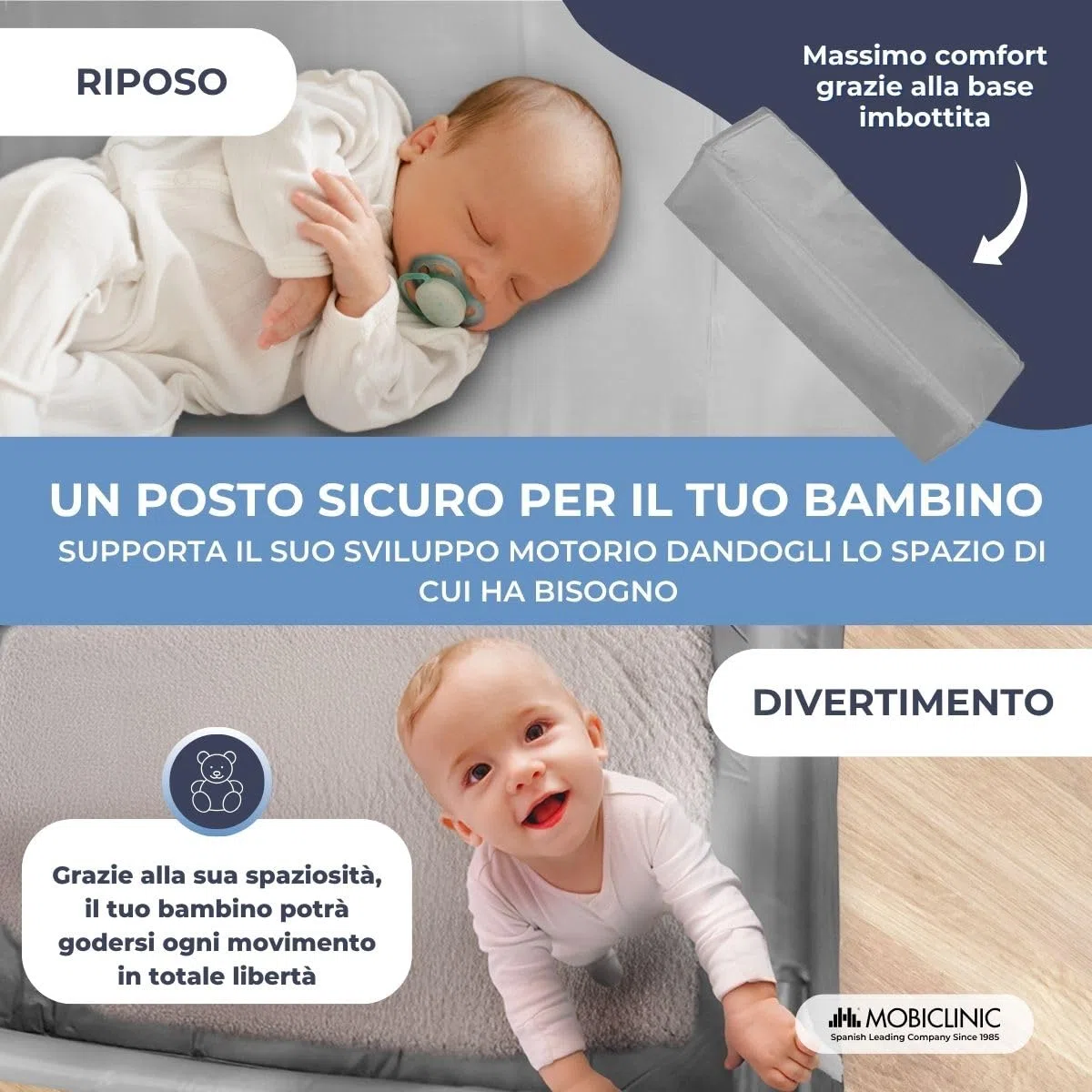 Mobiclinic®, Lettino da viaggio, Culla neonato, 2 in 1, Pieghevole ultracompatto, Materasso rimovibile, Mofli, Fino a 15 kg, Traspirante, Ingresso laterale con cerniera, Box per bambini (grigio)