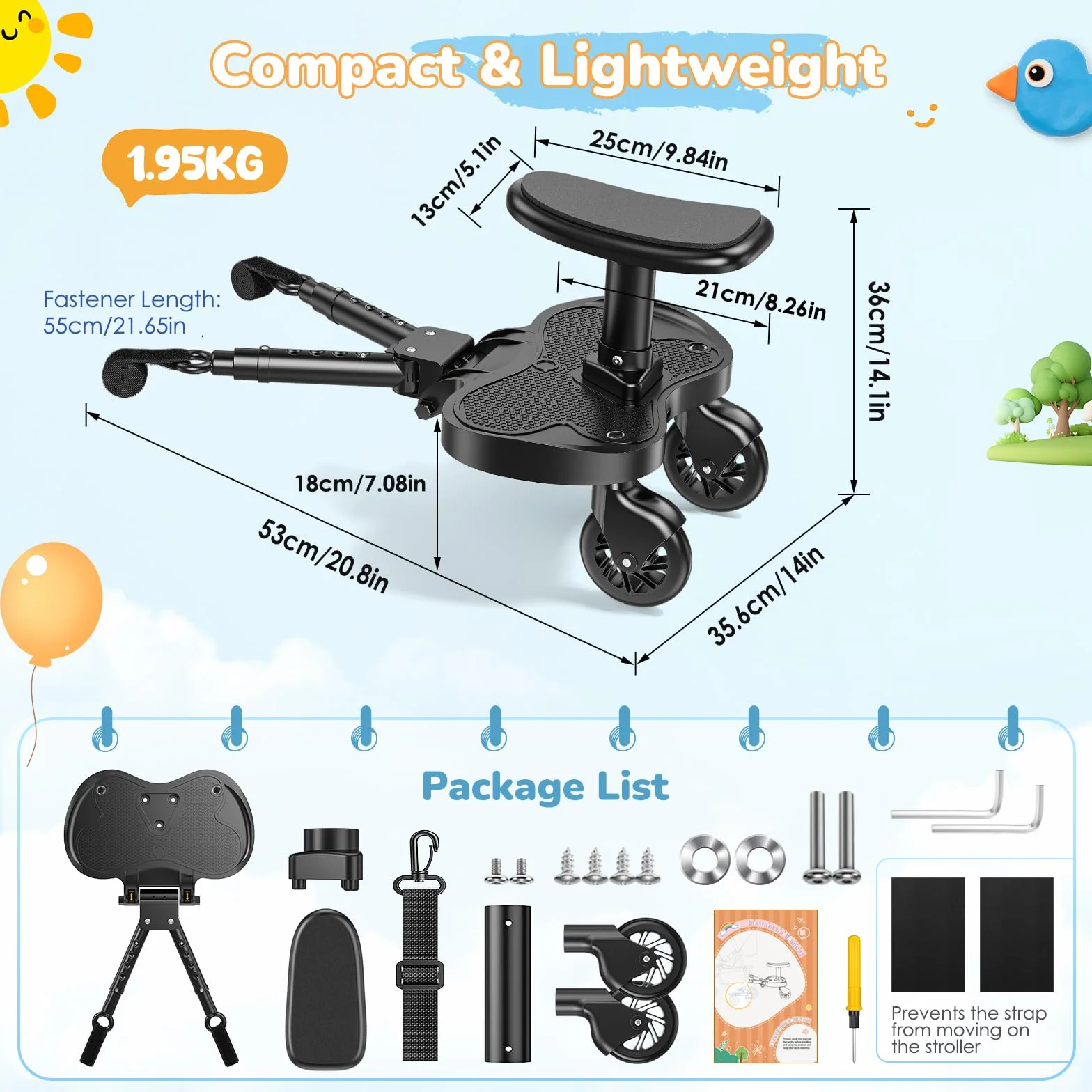 Pedana Passeggino Universale con Sedile più Grande, Buggy board per Bambini 2-6 Anni (25KG), Adatta al 99% dei Passeggini, Montaggio Facile, Ideale per Famiglie con Due Bambini (Nero)