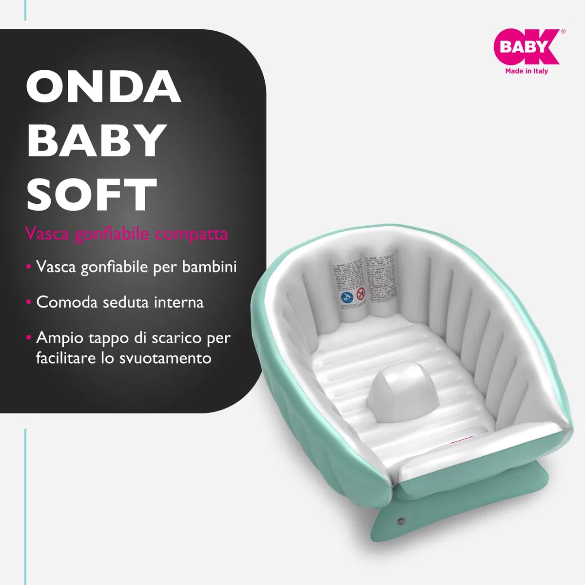 OKBABY Vaschetta Gonfiabile Onda Baby Soft per Bagnetto Neonato - da 0 a 12 Mesi - Azzurro