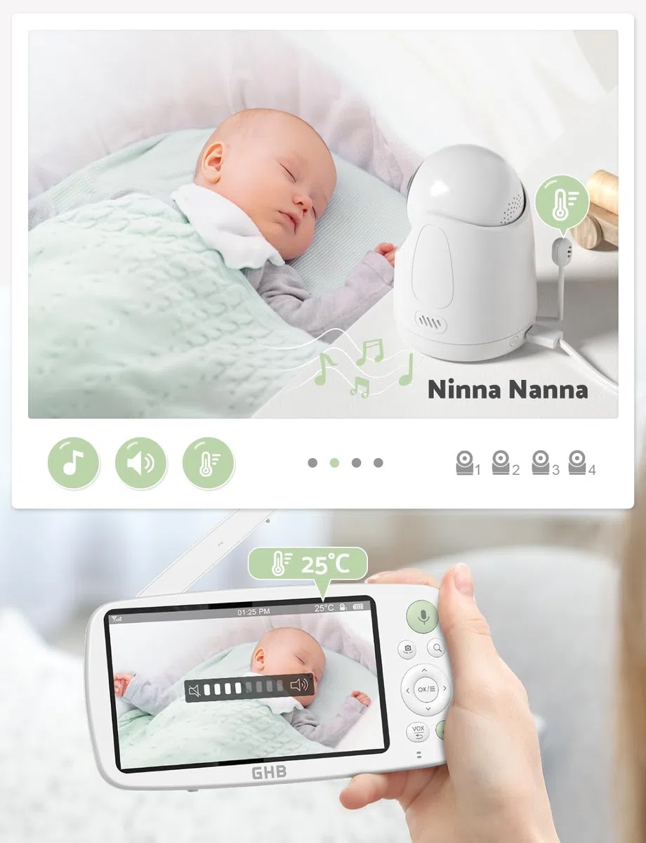 GHB Baby Monitor Video e Audio Schermo 5'', 350°/110°, 168 Ore di Autonomia, HD 1080P, Modalità VOX, Visione Notturna, Rilevamento della Temperatura, Ninne Nanne