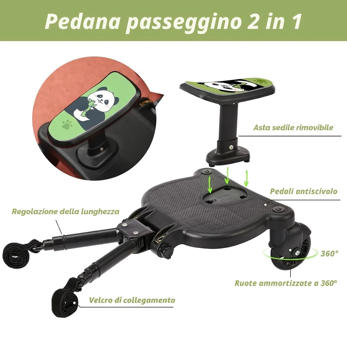 Pedana Passeggino Universale con Sellino,Tavolette Portatili per Passeggini Adatto al 99% dei passeggini, Design a Due Ruote a 360°, Sopportare un peso di 25 kg (Ruote nere)