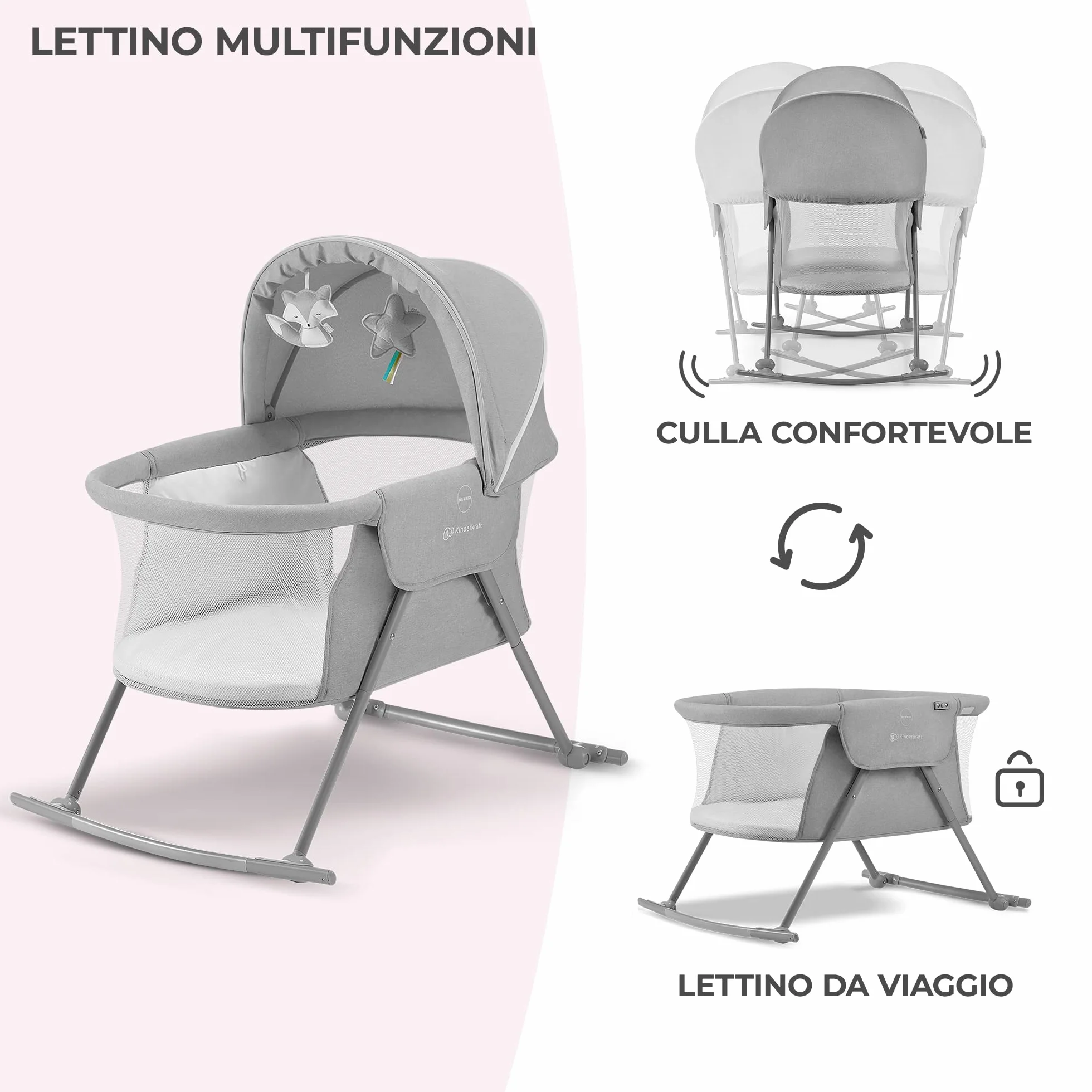 Kinderkraft LOVI Lettino da Campeggio Pieghevole per Neonati 0-9 kg Grigio