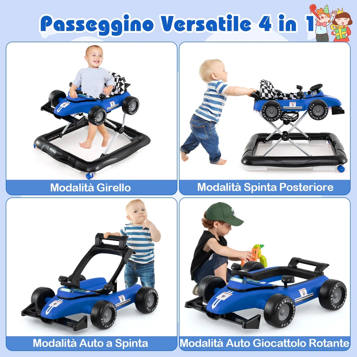 COSTWAY 4 in 1 Girello per Bambini, Altezza Regolabile a 3 Livelli, Passeggino per Bambini, con Volante Imbottito e Scatola Musicale, Portata 12 kg, per Bambini 6-18 Mesi (Blu)