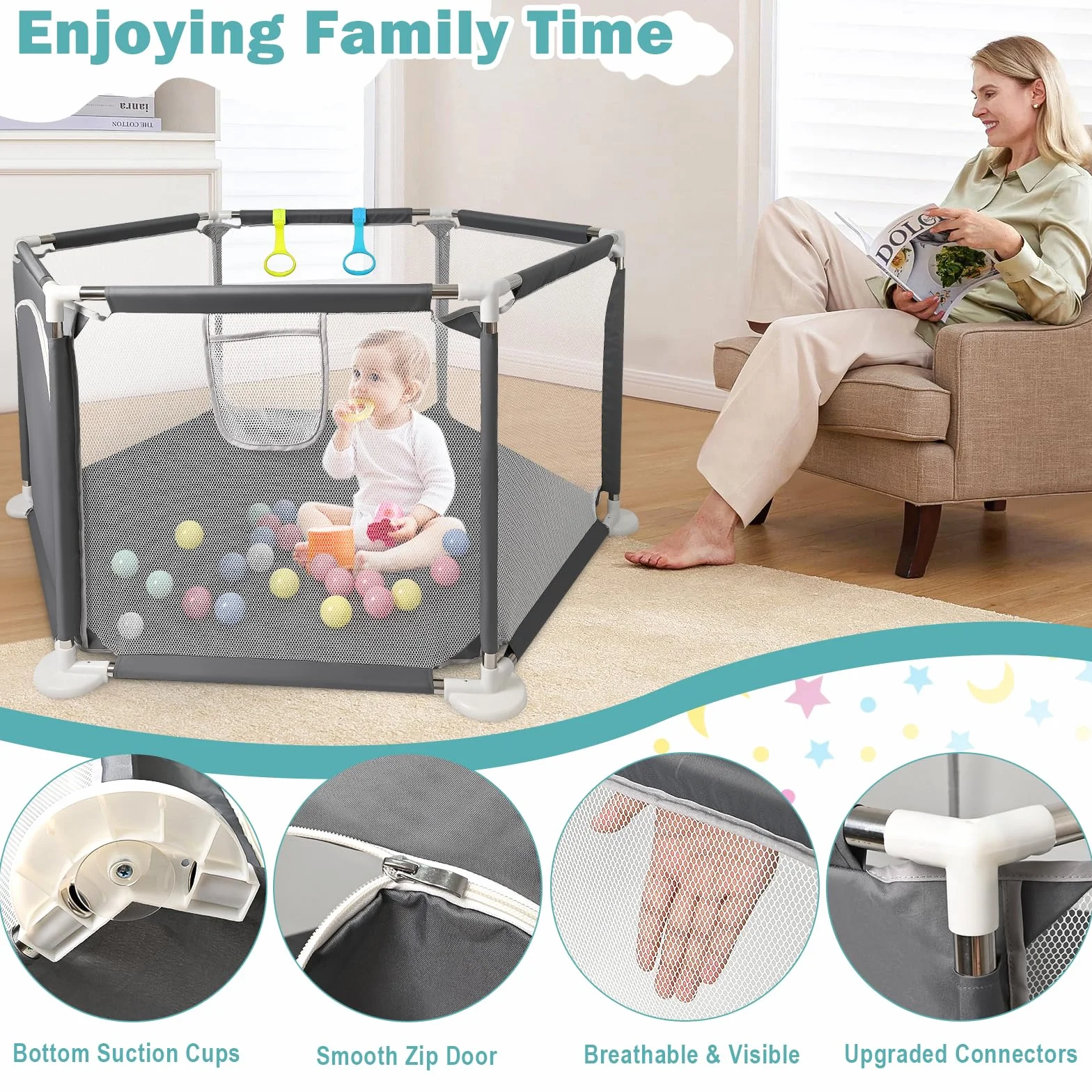 CHOLY Box esagonale per neonati con rete traspirante, recinzione attività bambini, borsa viaggio grigio scuro
