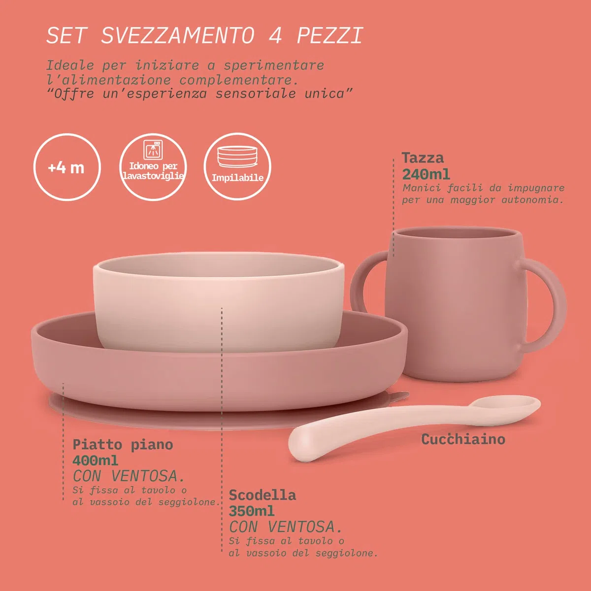 Suavinex, Stoviglie per Bambini in Silicone, con Ventosa Resistente. Include: Ciotola da 350 ml + Piatto da 400 ml + Tazza da 240 ml + Cucchiaio, +4 Mesi. Colour Essence, Rosa