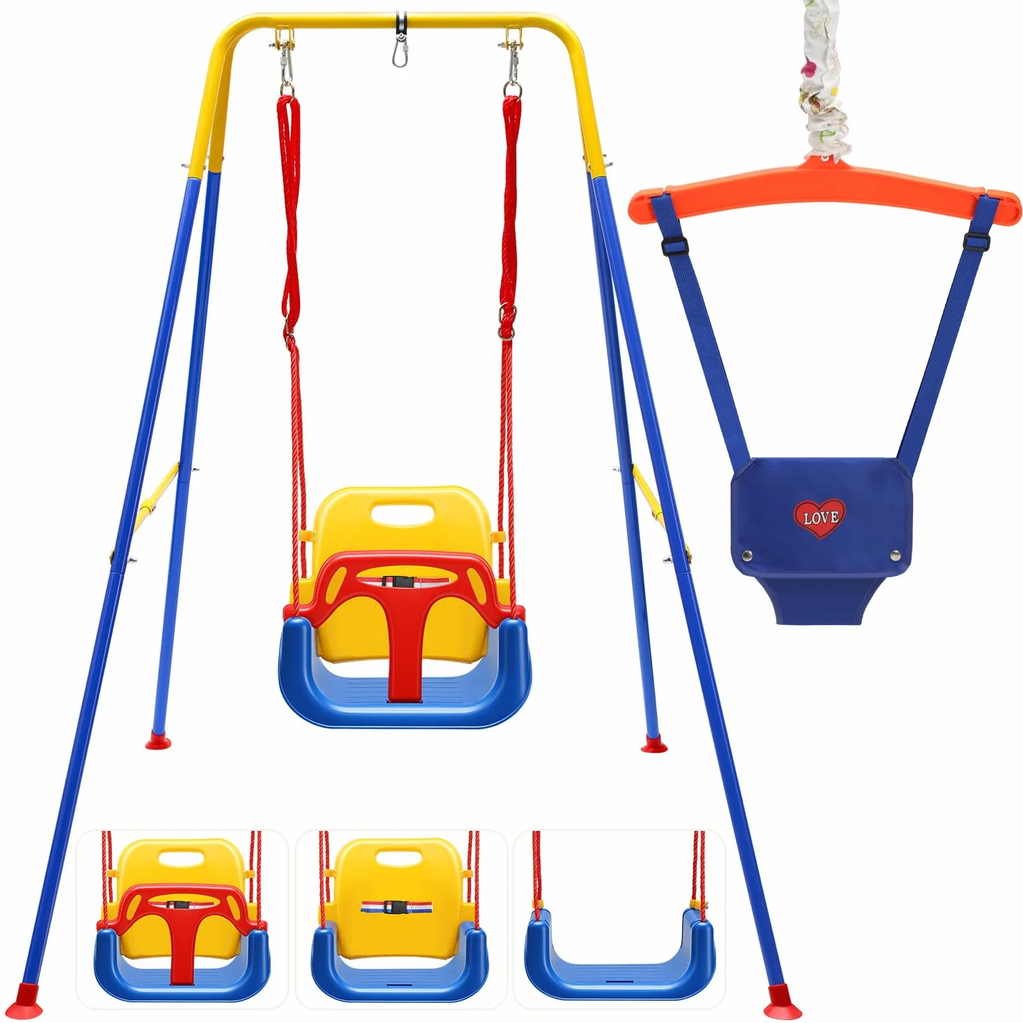 Altalena per bambini, 4 in 1, con telaio – Altalena per bambini, con cintura di sicurezza, pieghevole e 4 sacchi di sabbia, per interni ed esterni, facile da montare