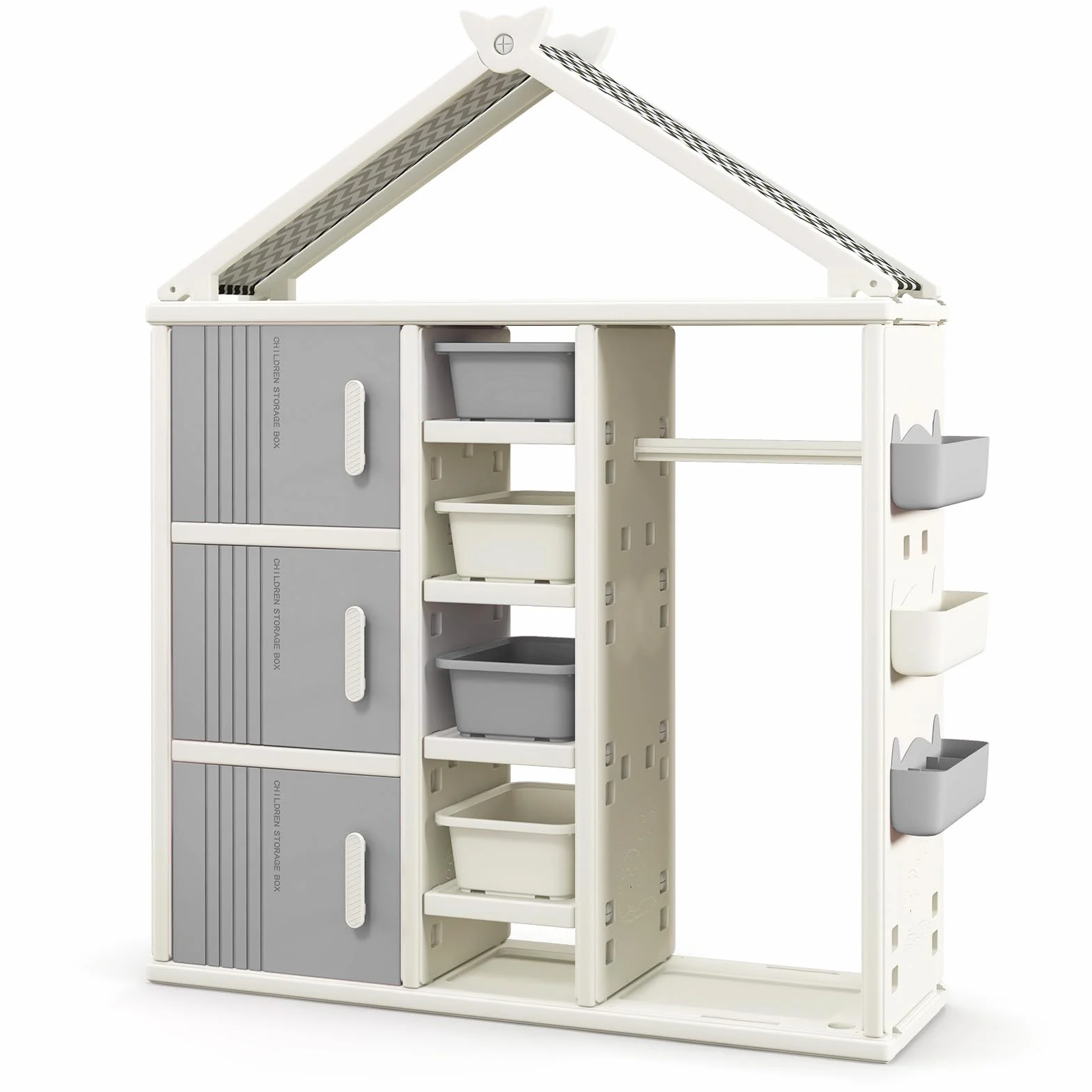 RELAX4LIFE Armadio Guardaroba Bambini 34x130x156 cm Grigio con Barra Appendiabiti 4 Scatole 3 Scomparti