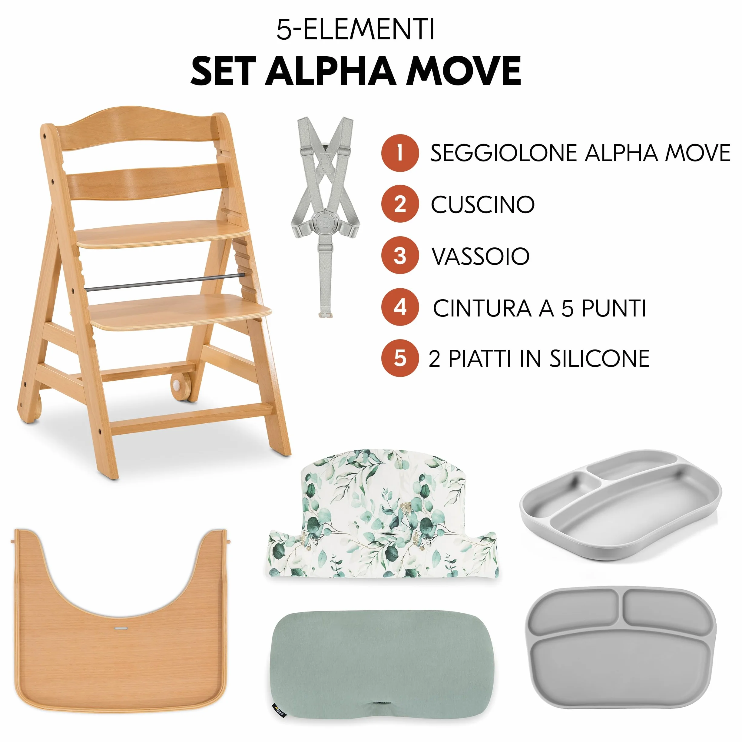 hauck Seggiolone Set Alpha+ Move - Sedia Evolutiva Legno con Ruote, Vassoio e Cuscino - 2 Piatti in Silicone - Legno/Mint
