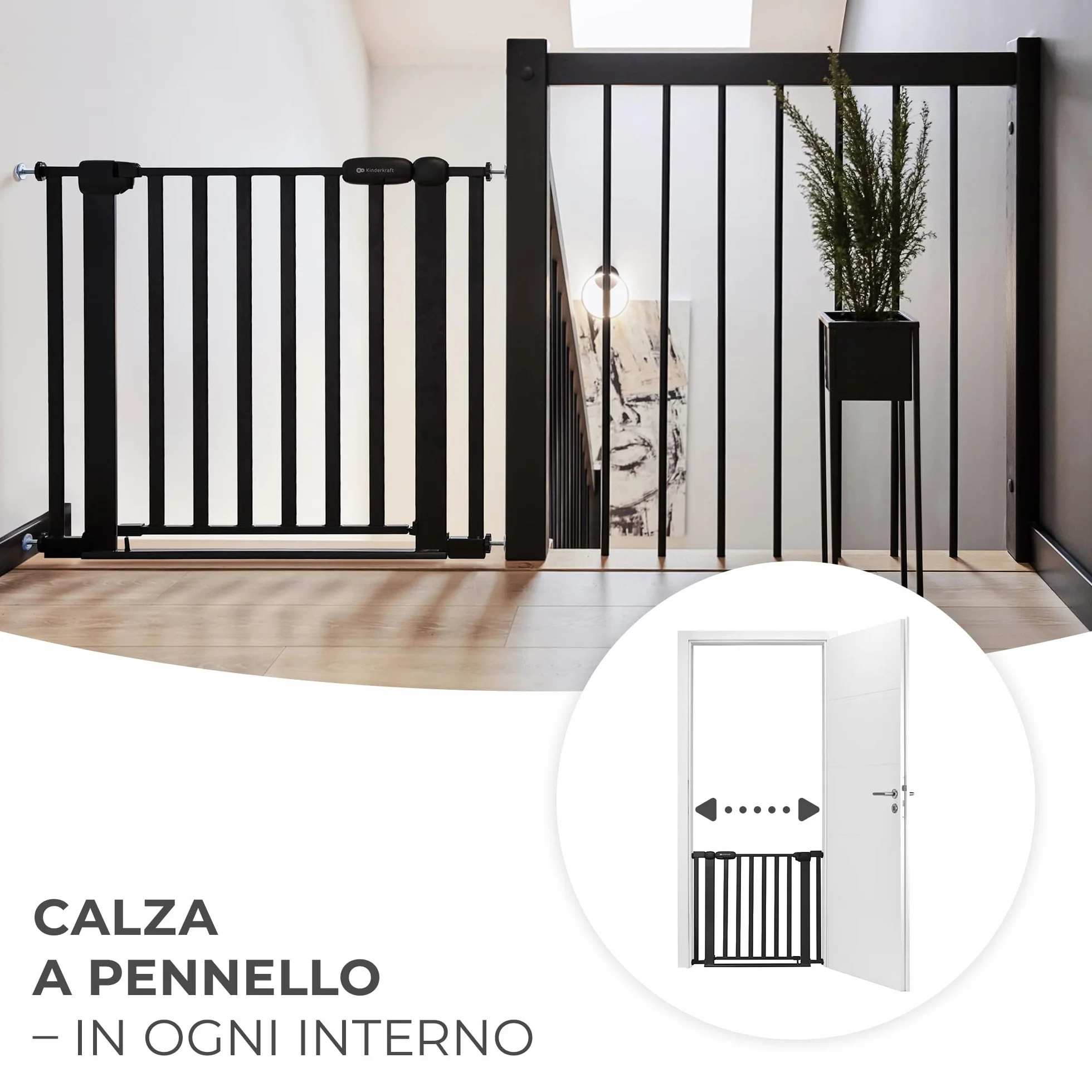 Kinderkraft LOCK&GO Cancelletto di sicurezza da 75-103 cm, Chiude automaticamente di 90 gradi, Doppio dispositivo di sicurezza, Previene di inciampare, Nero