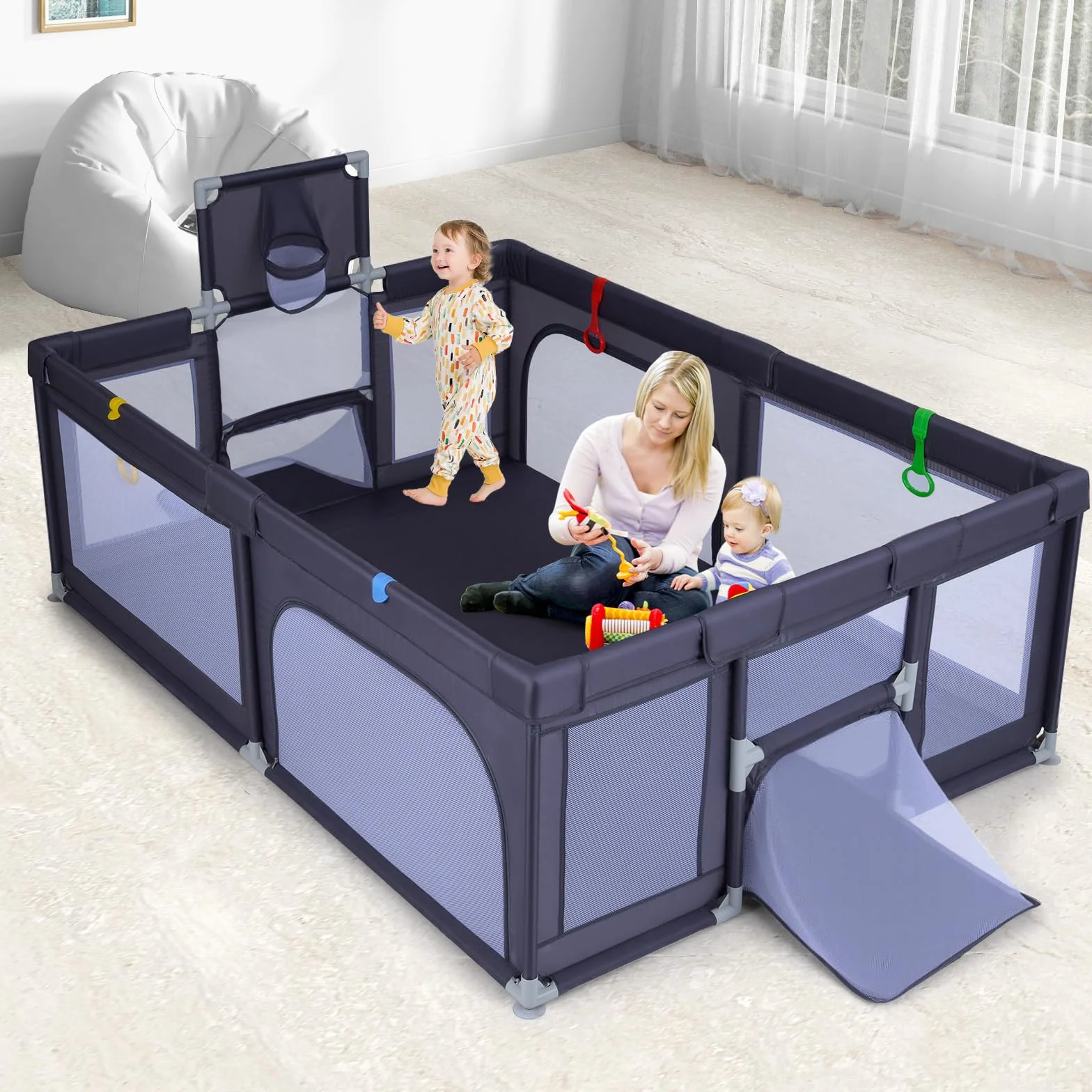 COSTWAY Box Neonati 210x150 cm Recinto Bambini Pieghevole con Canestro Basket 2 Porte Calcio Parco Giochi 50 Palline 4 Anelli Borsa Trasporto Grigio Scuro