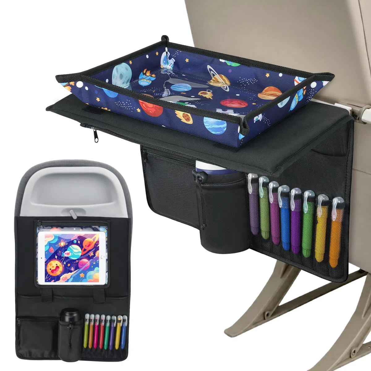 Babenest Vassoio da viaggio per bambini con supporto per tablet, elementi essenziali per aerei, vassoio da viaggio con tasche, indispensabile per viaggi in treno e forniture per volare (blu cielo