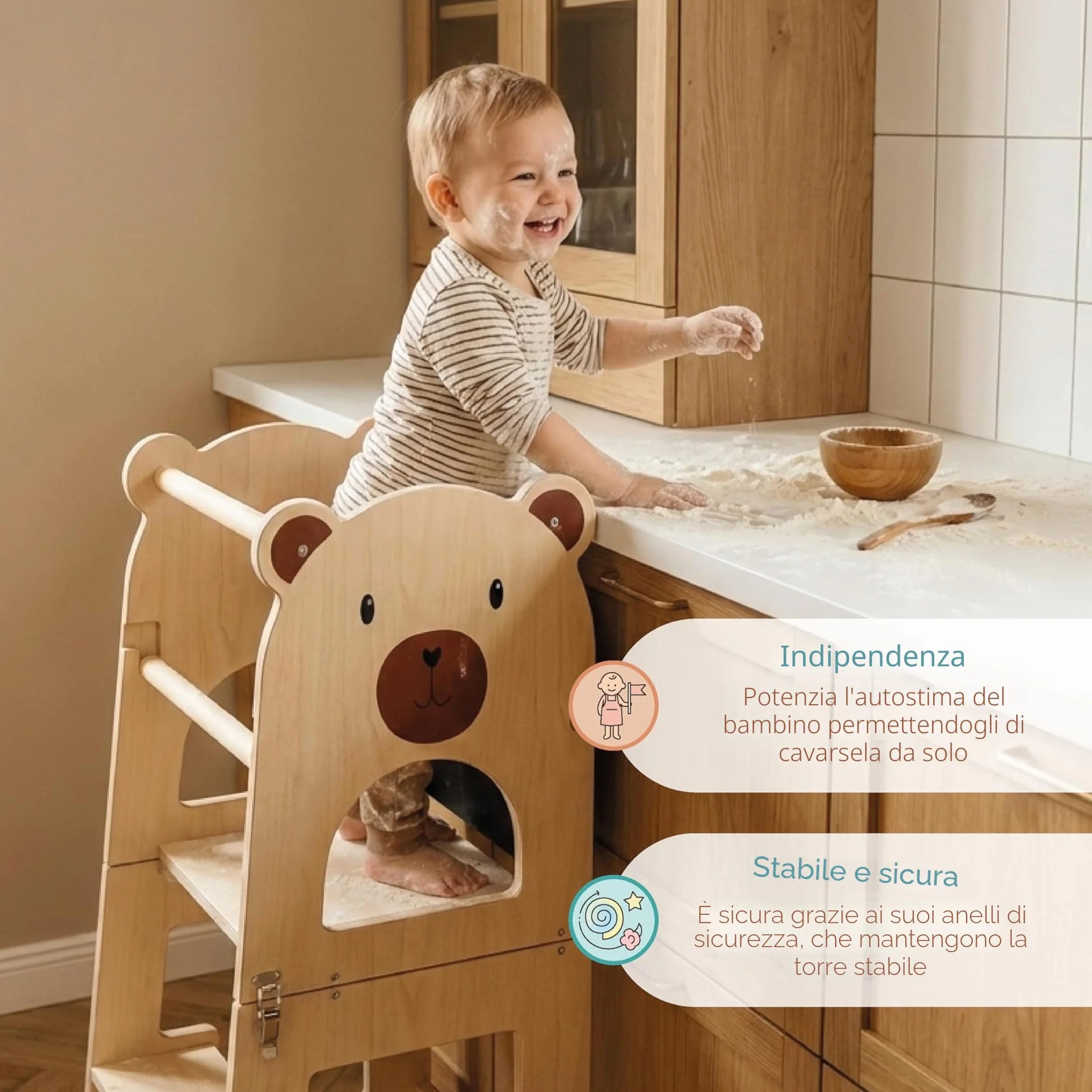 Buddy Baby Xperimenta Torre di apprendimento Montessoriana in legno trasformabile in scrivania e sgabello pieghevole per cucina con barra di sicurezza