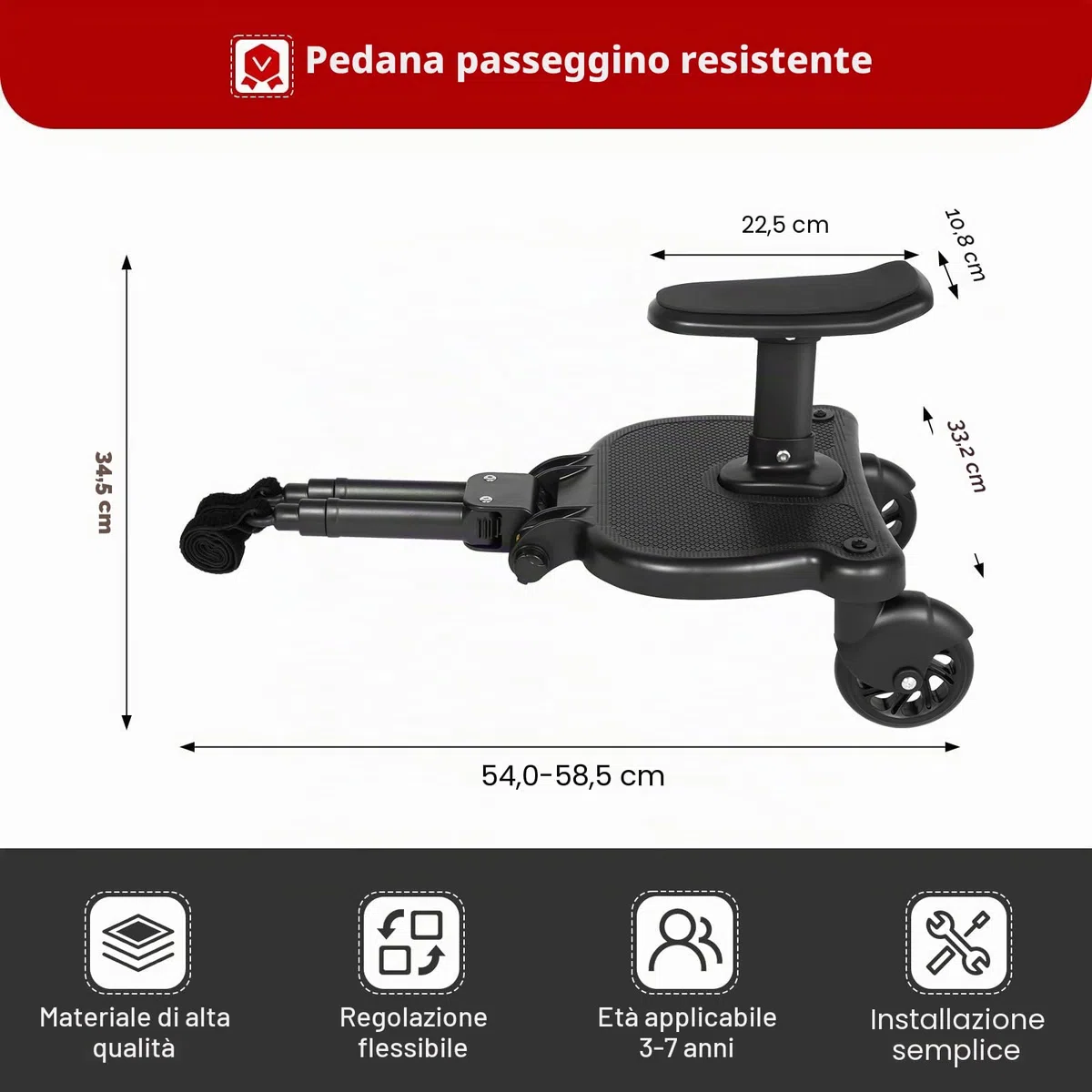 Passeggino con sedile, passeggino, poggiapiedi per passeggino, universale, per bambini dai 2 ai 6 anni, cuscinetto 25 kg (nero)