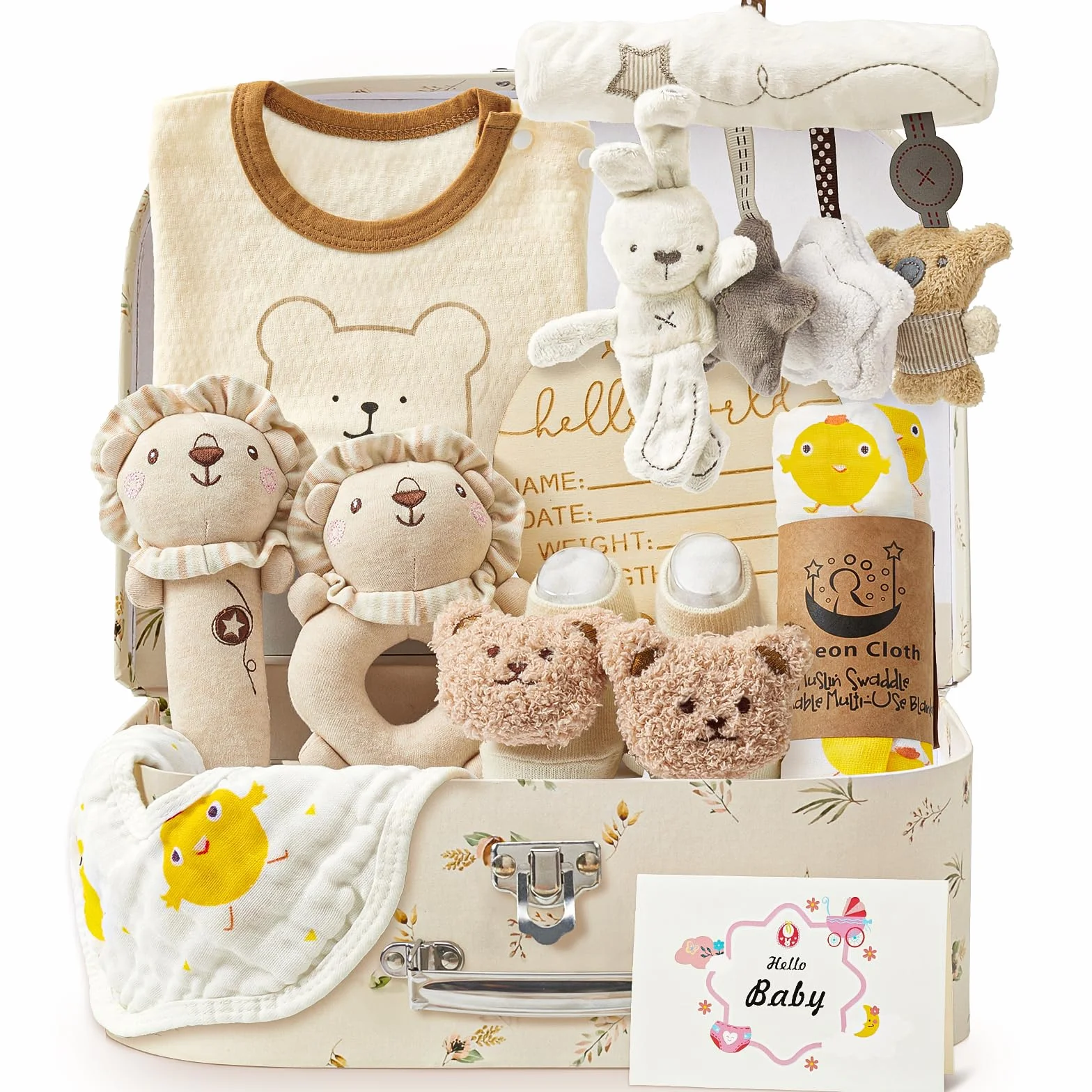 Vamei Regalo Nascita Bimba Bimbo con Pagliaccetto Neonato Asciugamani da Bagno Bavaglino Calzini Antiscivolo Sonaglio Set Regalo Neonato Nascita Regalo Baby Shower Unisex