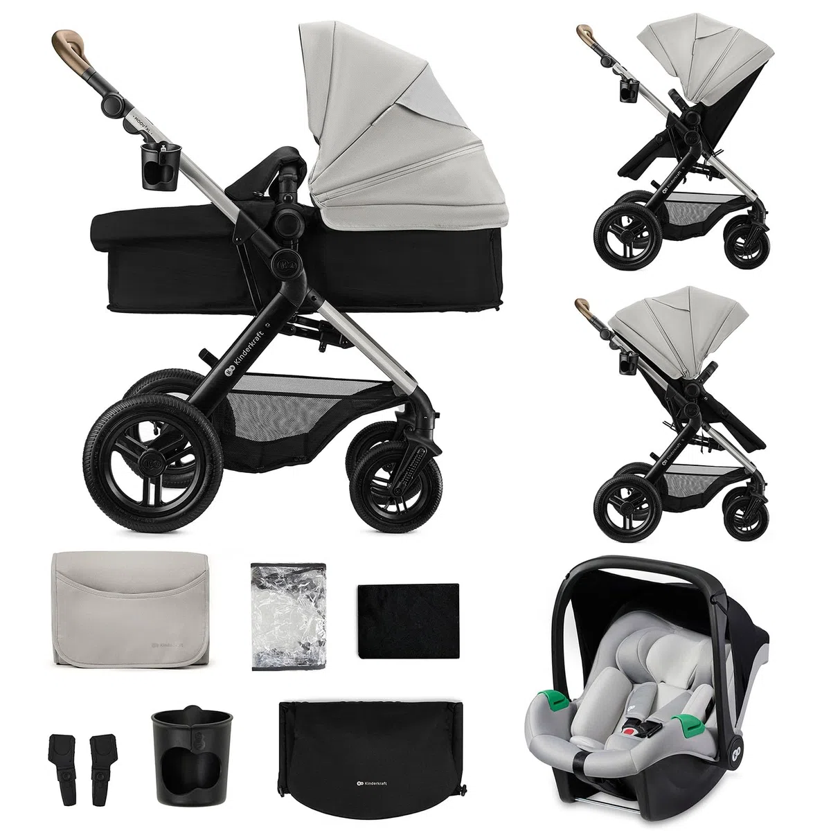 Kinderkraft MOOV XL 3 in 1, Passeggino fino a 27 kg, Carrozzina, Con Seduta I-SIZE 40-75 cm, Pieghevole, Ammortizzatore, Convertibile, Navicella XL, Con Accessori, Grigio Chiaro