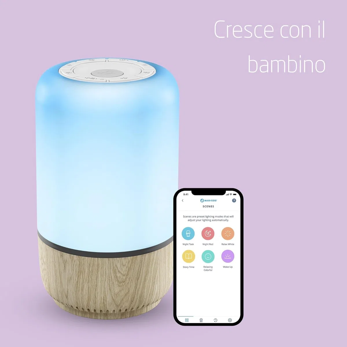 Maxi-Cosi Soothe Luce notturna intelligente per bambini con rumore bianco e musica, aiuta a sviluppare routine del sonno, attivabile con app o comando vocale, compatibile con Alexa e Google Home