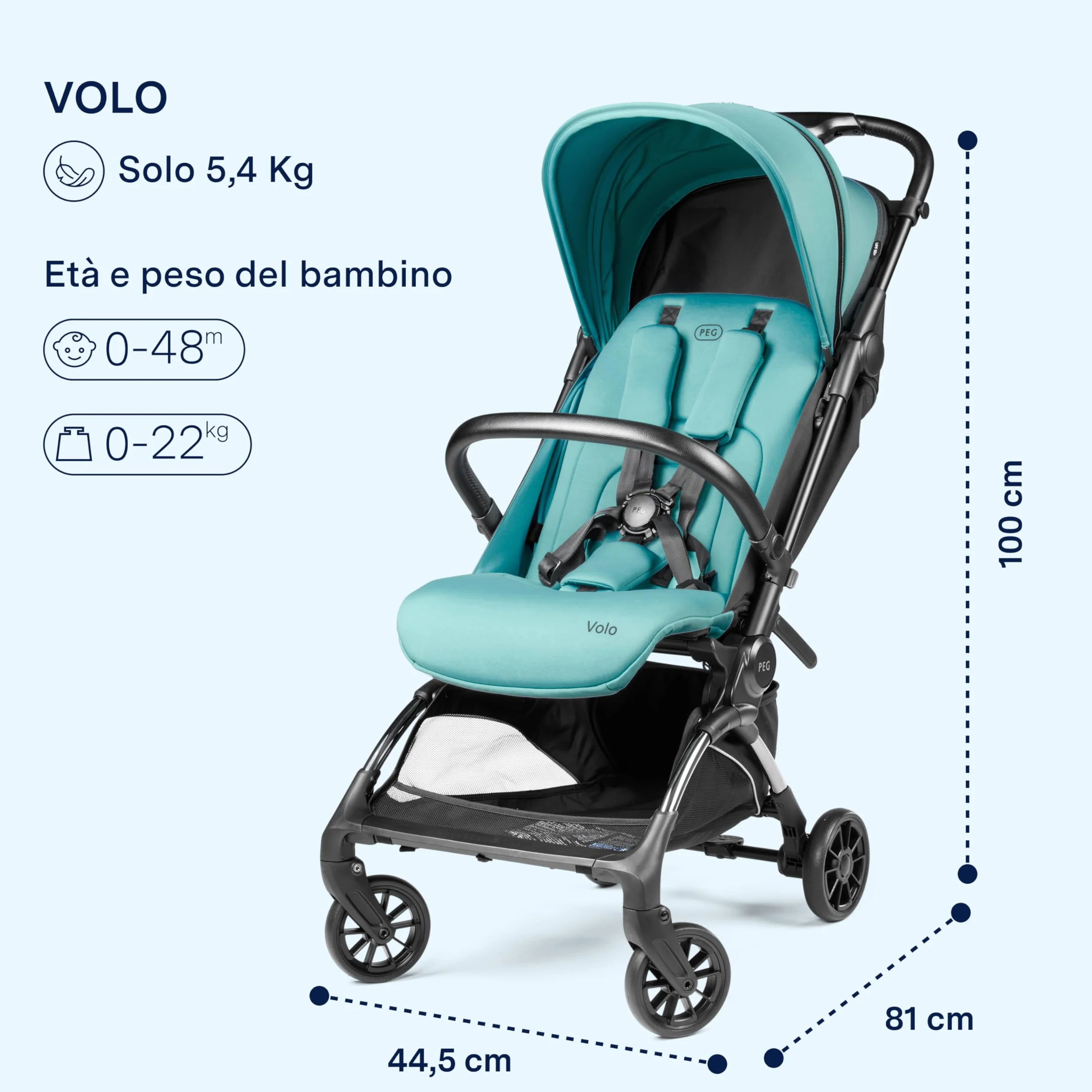 PEG Passeggino Leggero Volo Tahiti, Compatto per Aereo, Omologato Cappelliera, Fino 22 kg, con Parapioggia e Borsa