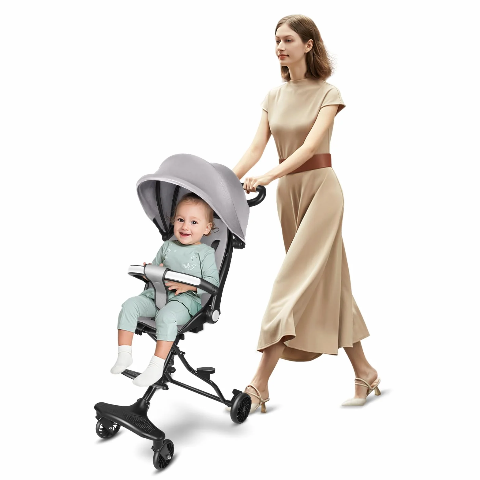 Passeggino Canne, 0-4 anni, 0-25 kg, leggero e compatto, posizione allungata, pieghevole automatico, 30 x 55 x 86,5 cm, grigio
