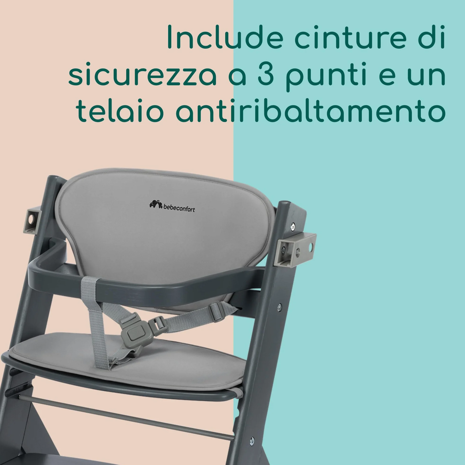 Bebeconfort Timba 2 Seggiolone Pappa Evolutivo in Legno, 6+ Mesi, Fino a 110 kg, Regolabile in Altezza, Grey Mist