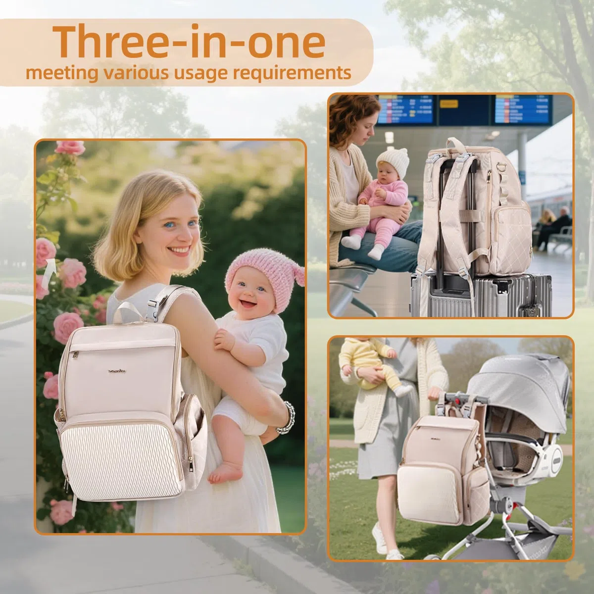 Elegante borsa per pannolini per bambini, borsa con fasciatoio, custodia per ciuccio e cinghie per passeggino