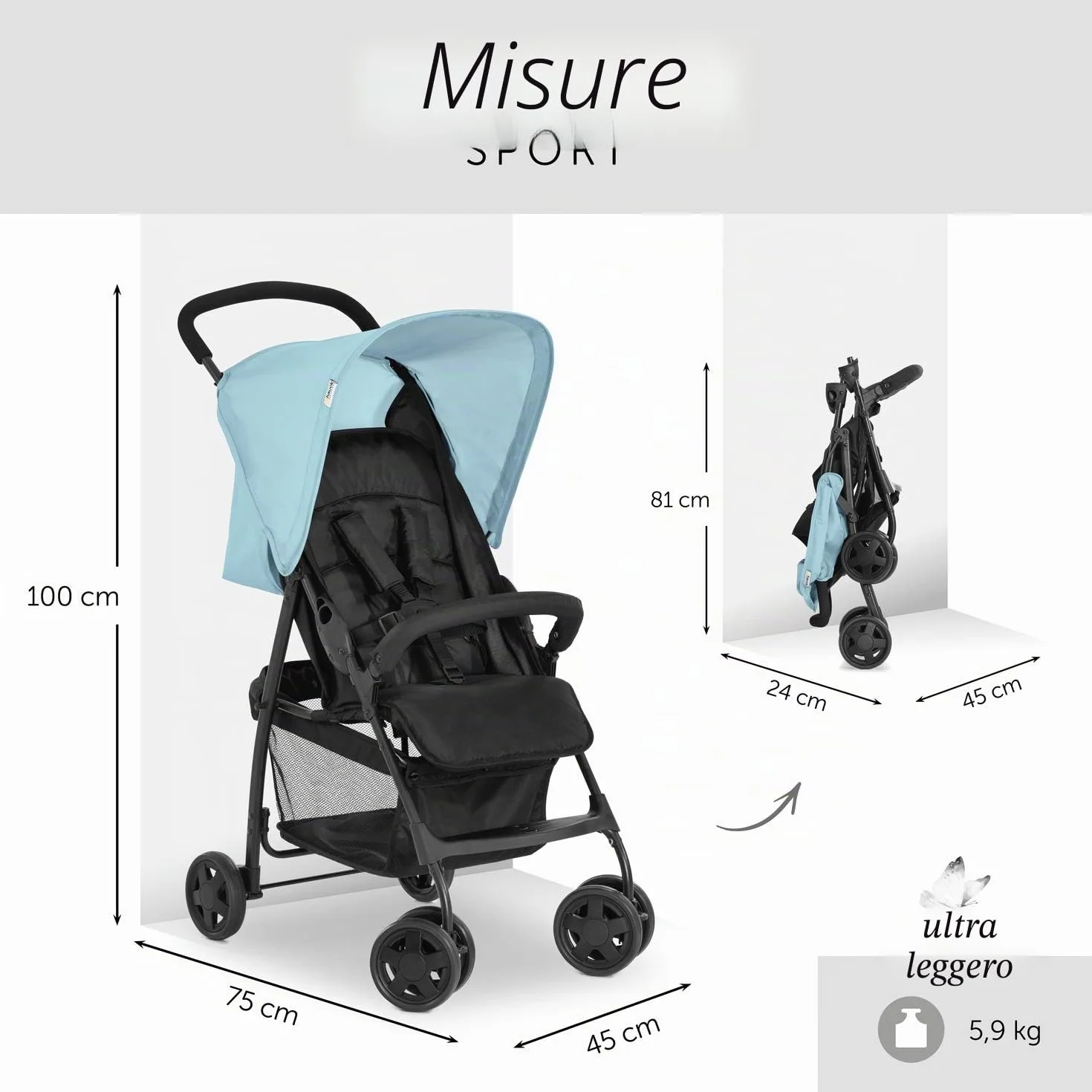Hauck Passeggino Sport Leggero 5.9 kg Pieghevole Cesto Portaoggetti Posizione Nanna Cappota Parasole 18 kg Blu
