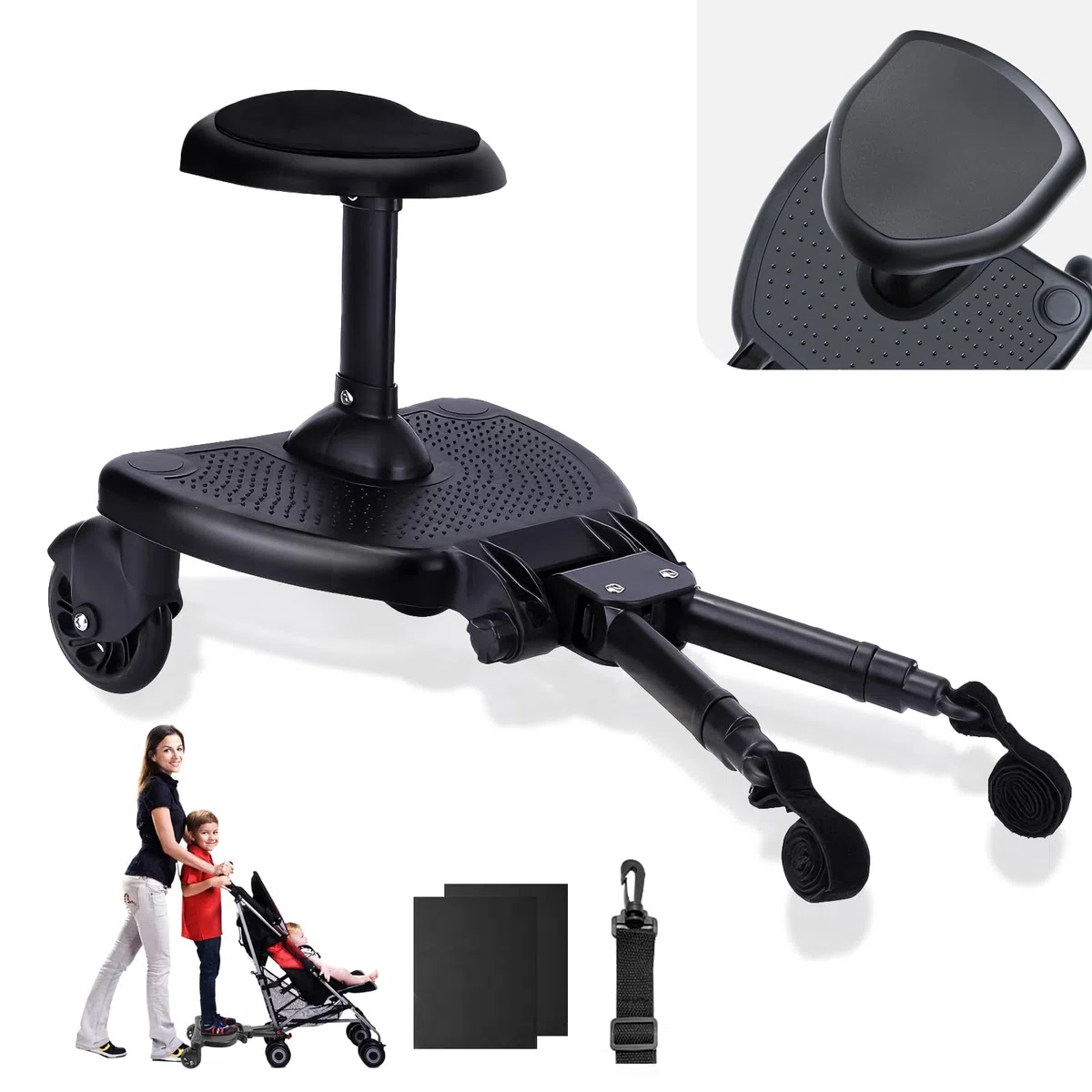 Vihir Pedana Passeggino Universale con Sellino, Tavolette Portatili per Passeggini con Sedile più Ampio e Alto, Buggy Board per bambini di 2-6 anni (25 kg), con Due Cuscinetti Antiscivolo