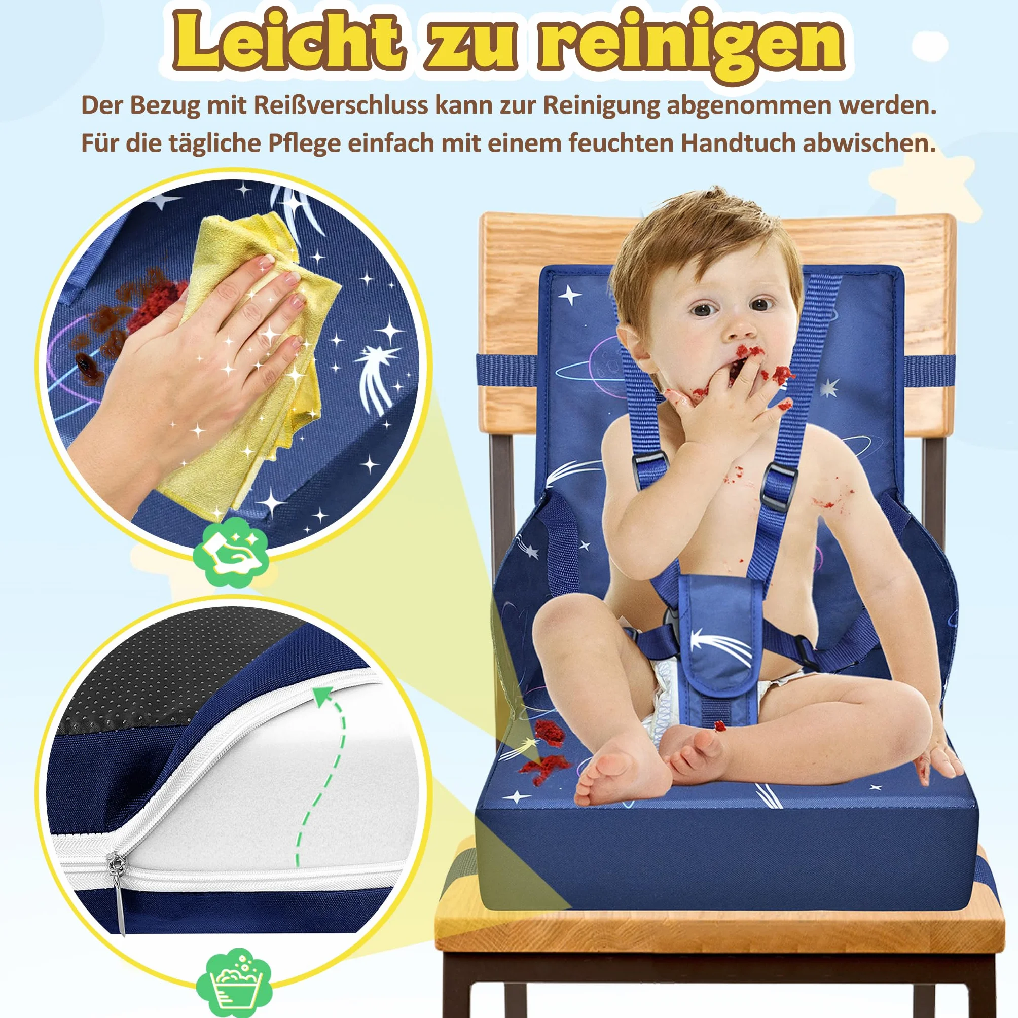 Sedia per bambini portatile con cintura di sicurezza regolabile antiscivolo lavabile blu