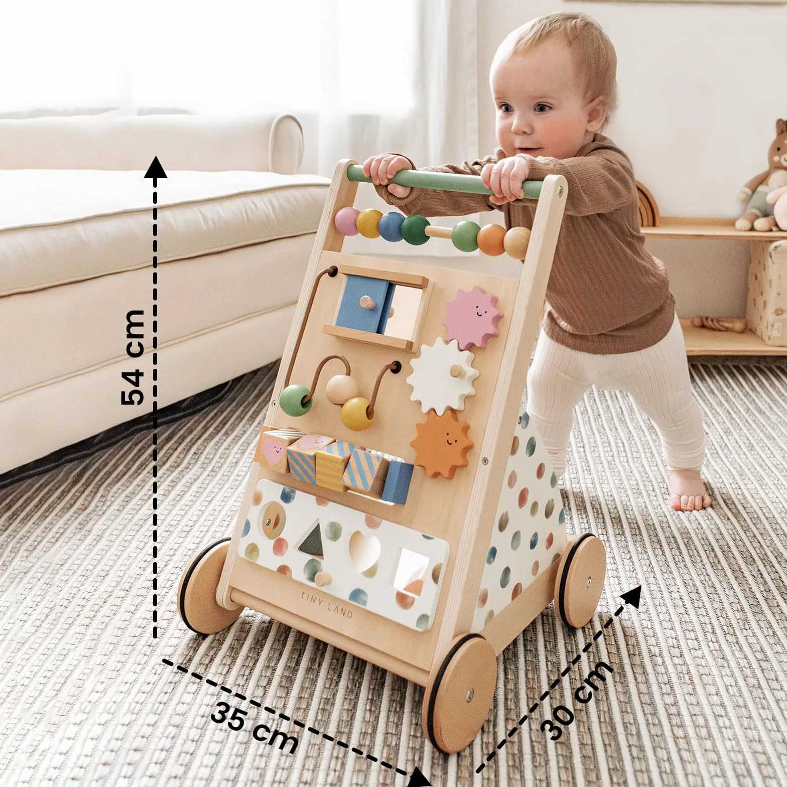 Tiny Land girello in legno, Set Baby Walker, ausilio per imparare a camminare con velocità regolabile per bambini e bambine, ausilio per camminare e centro attività per bambini