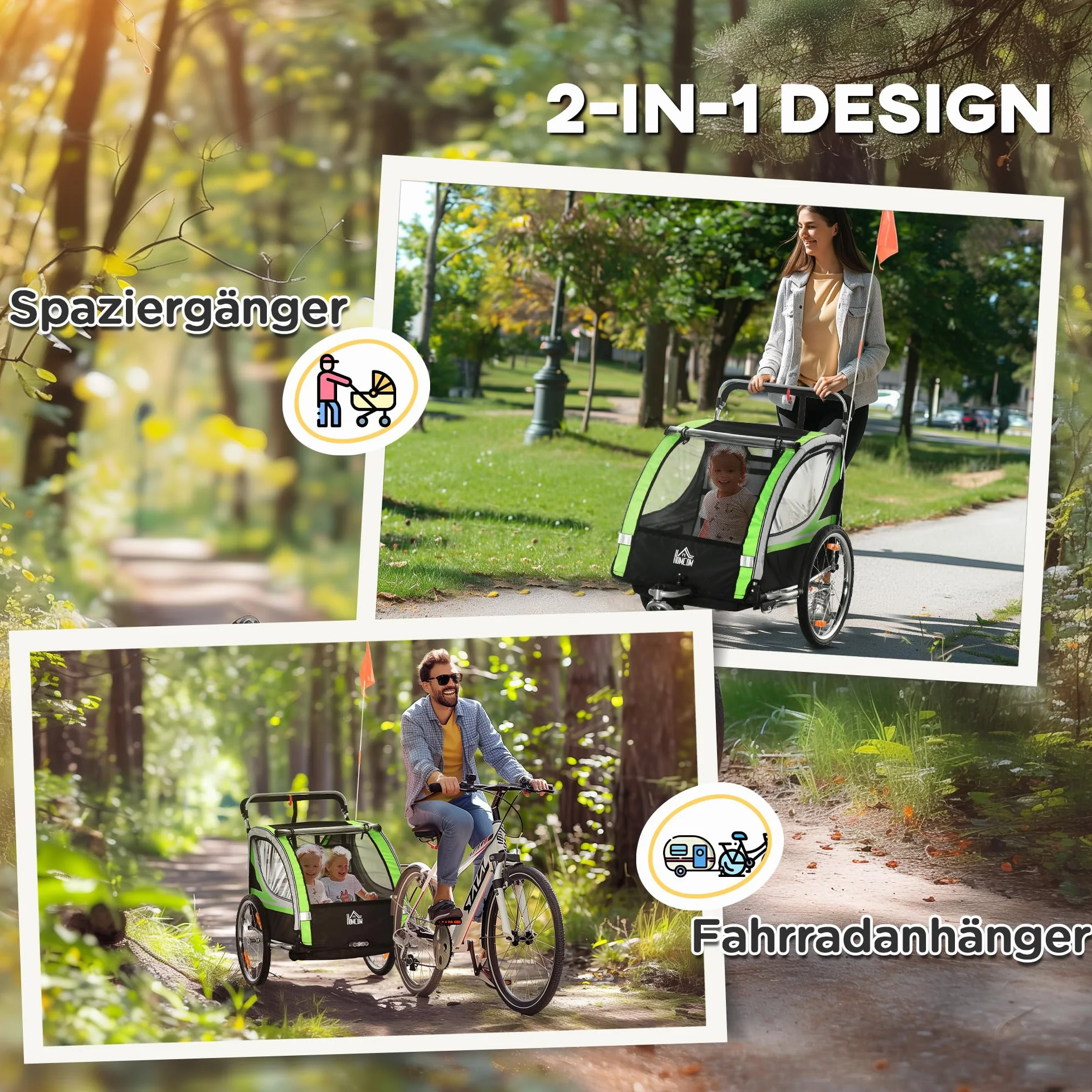 HOMCOM 2 w 1 Przyczepa Rowerowa dla Dzieci z Obrotowym Kołem Przednim 360° i Hamulcem, 142 x 75 x 101 cm