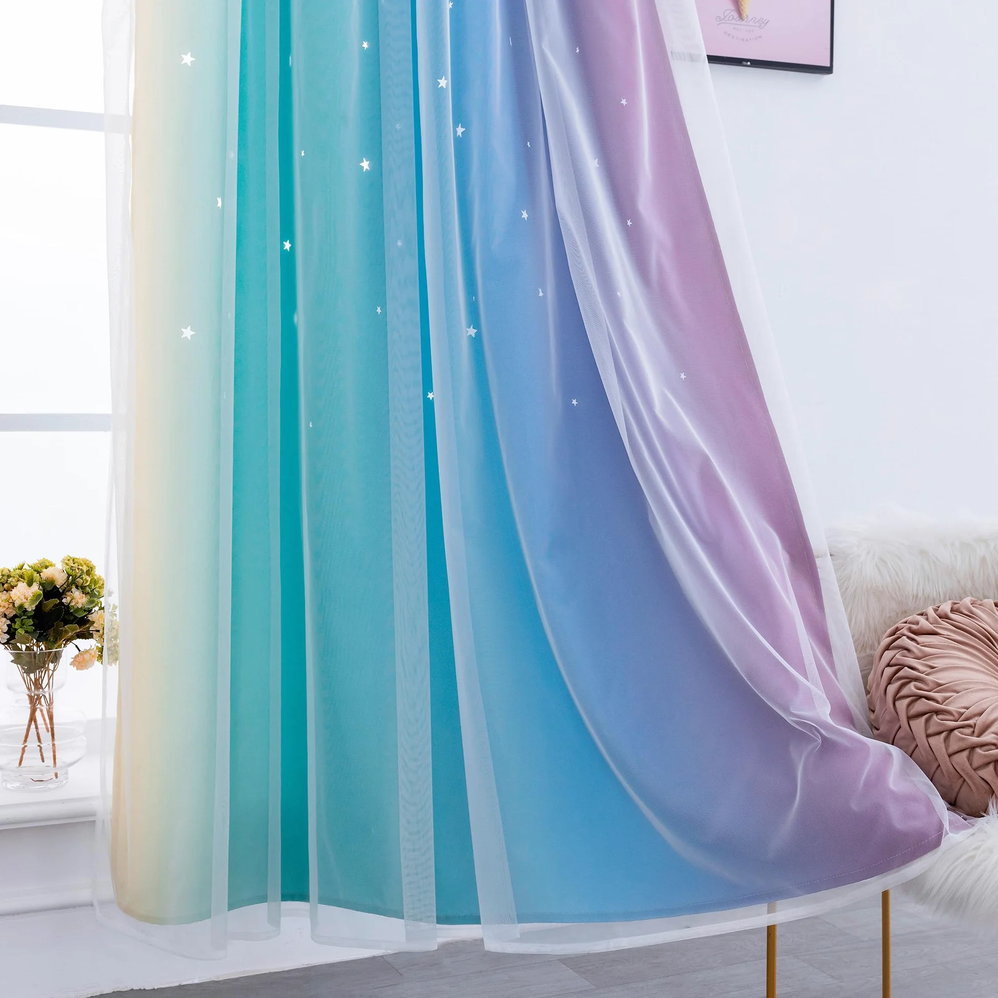 Tende Doppio Velo Oscuranti Morbide Fantasia Stelle Vuote Isolante per Camera Bambini 2 Pannelli 140x285cm Arcobaleno Freddo