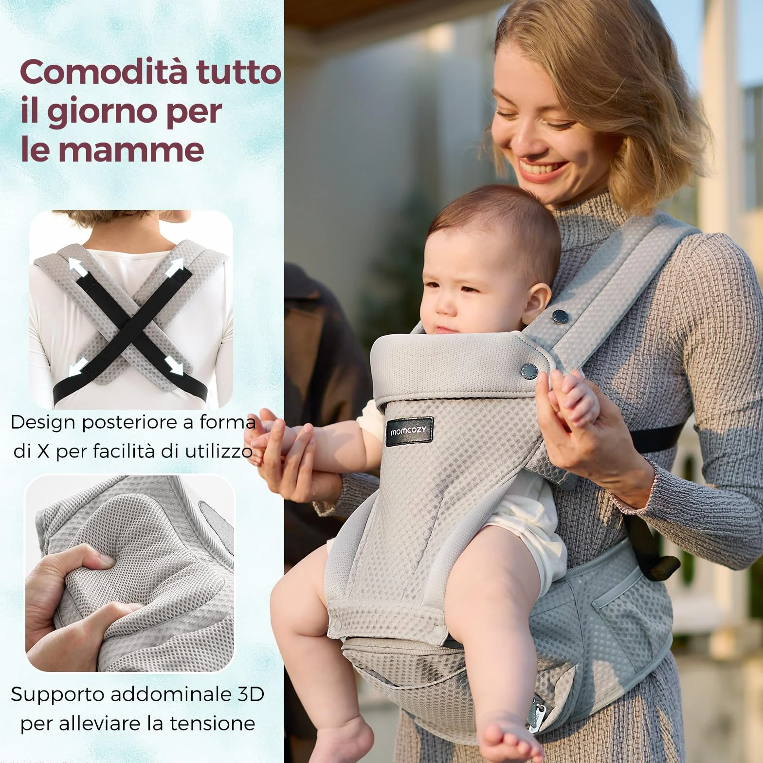 Momcozy Marsupio Neonato con Sede Anca 2 in 1, Portabebè Fronte Strada a Mani Libere fino a 20 kg, Marsupio Bambino 4 Stagioni con Cintura Regolabile fino a 115 cm,Grigio Air Mesh